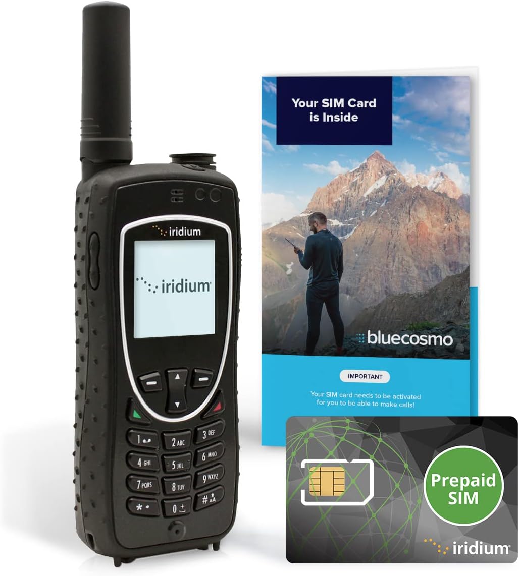 BlueCosmo Iridium Extreme Satellite Phone Bundle – Only Truly Global Satellite Phone – Voice, SMS Text Messaging, GPS Tracking, Emergency SOS – Prepaid SIM Card Included – Online Activation – 24/7