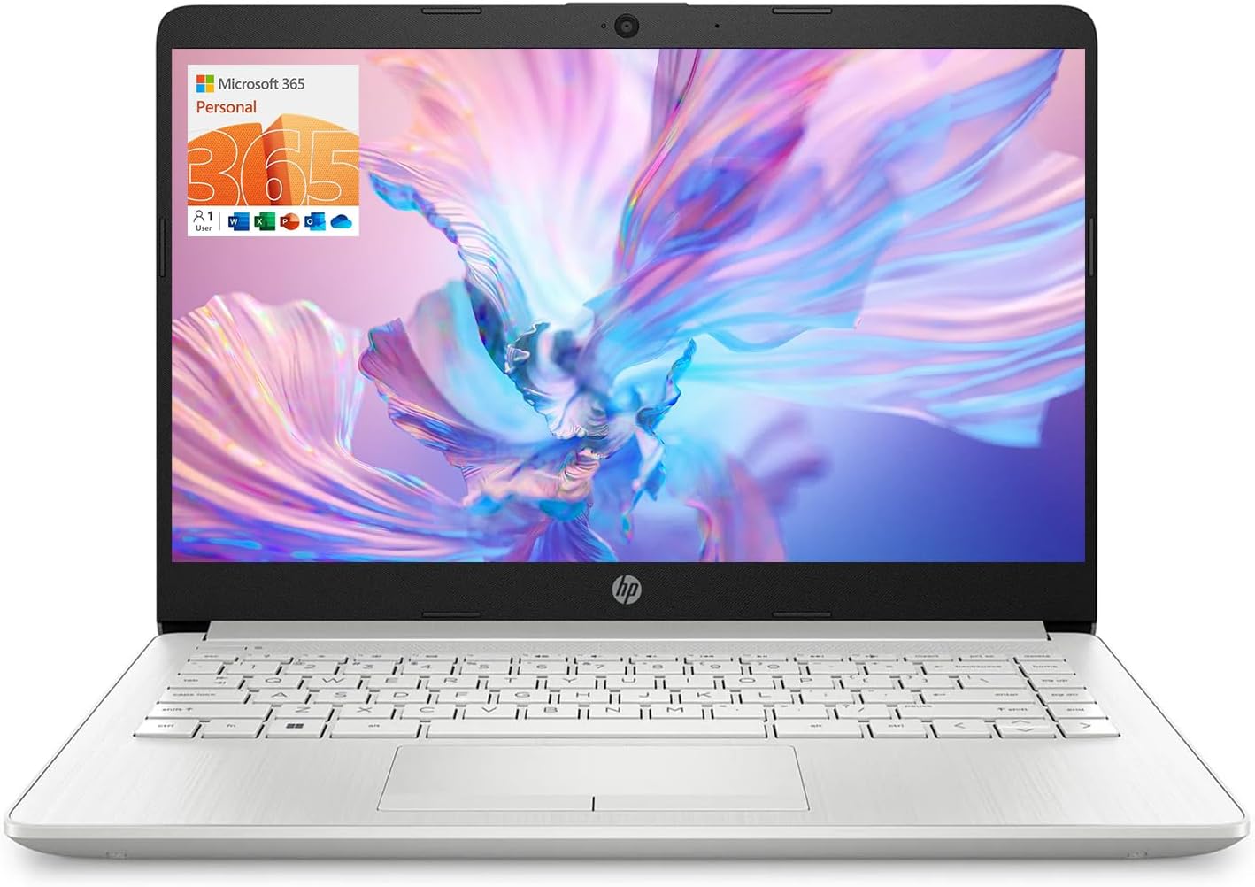 HP Portable Laptop, Student and Business, 14″ HD Display, Intel Quad-Core N4120, 16GB DDR4 RAM, 64GB eMMC, 1 Year Office 365, Webcam, RJ-45, HDMI, Wi-Fi, Windows 11 Home, Silver