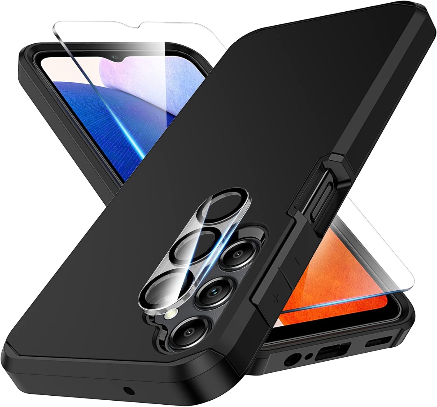 Huness for Samsung Galaxy A15 5G Phone Case, Heavy-Duty Ultra-Thin Dual-Layer Silicone, H8 Glass Screen Protector + Camera Lens Protector, Military-Grade Protection, Black