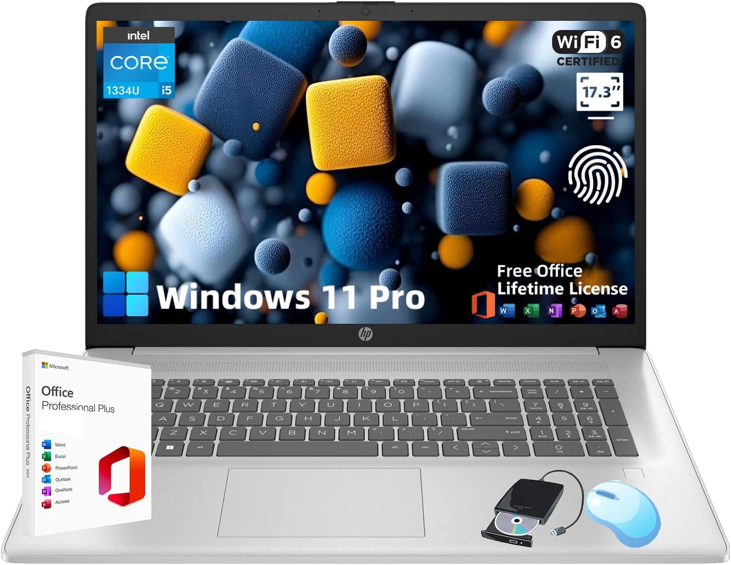 HP 17 Premium for Business & Student Laptop – w/Office Lifetime • 17.3″ HD+ Display • Intel i5-1334U CPU • Fingerprint • Webcam • Win 11 Pro & External DVD • Silver(16GB RAM | 512GB SSD)