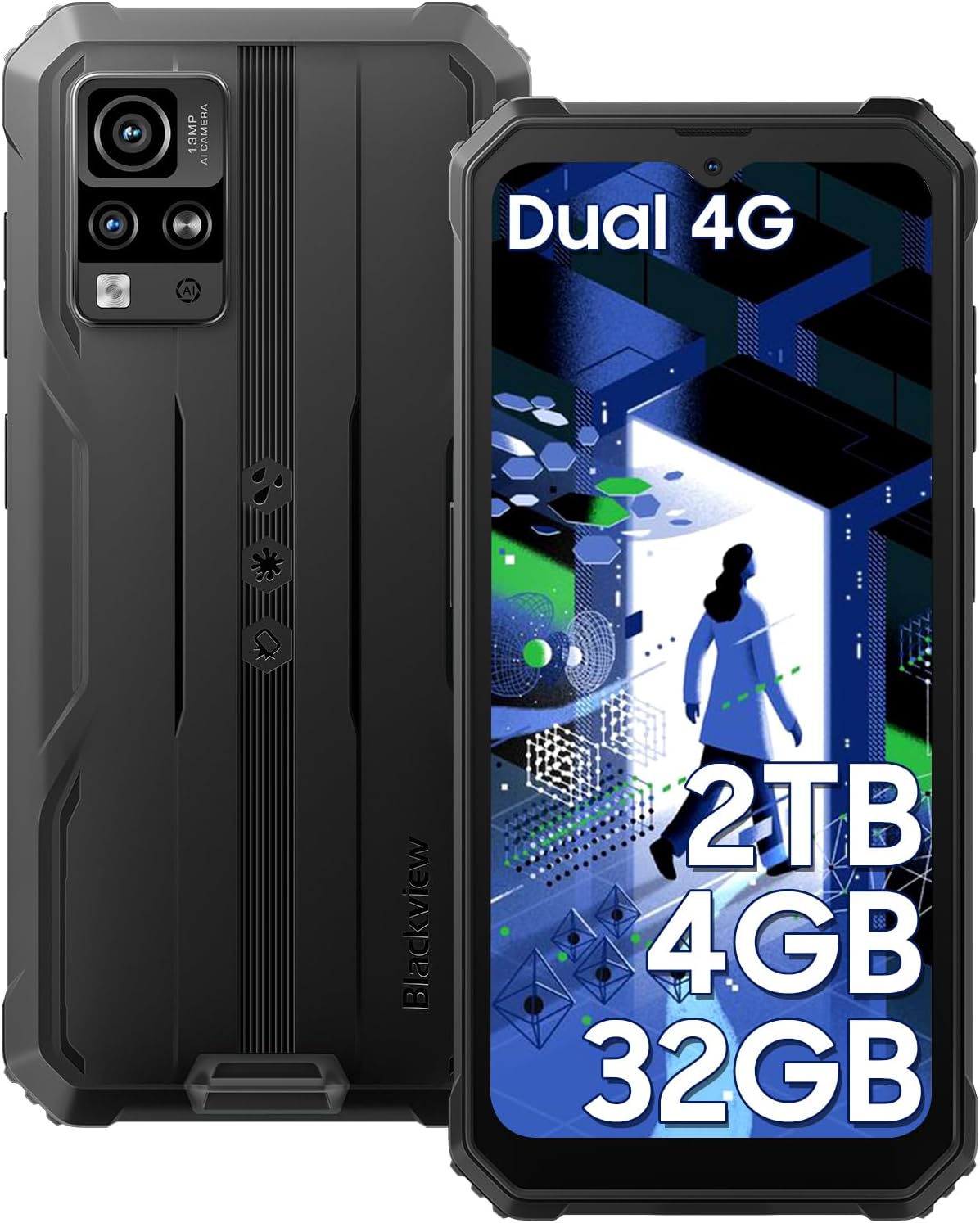 Blackview Phone BV4800, Android 13 4GB+32GB 2TB Expand Rugged Smartphone, 6.56″ Incell Screen 5180mAh Rugged Phone, 4G T-Mobile Dual SIM Rugged Smartphone Unlocked, IP69K, 3 Card Slots/Face ID-Black