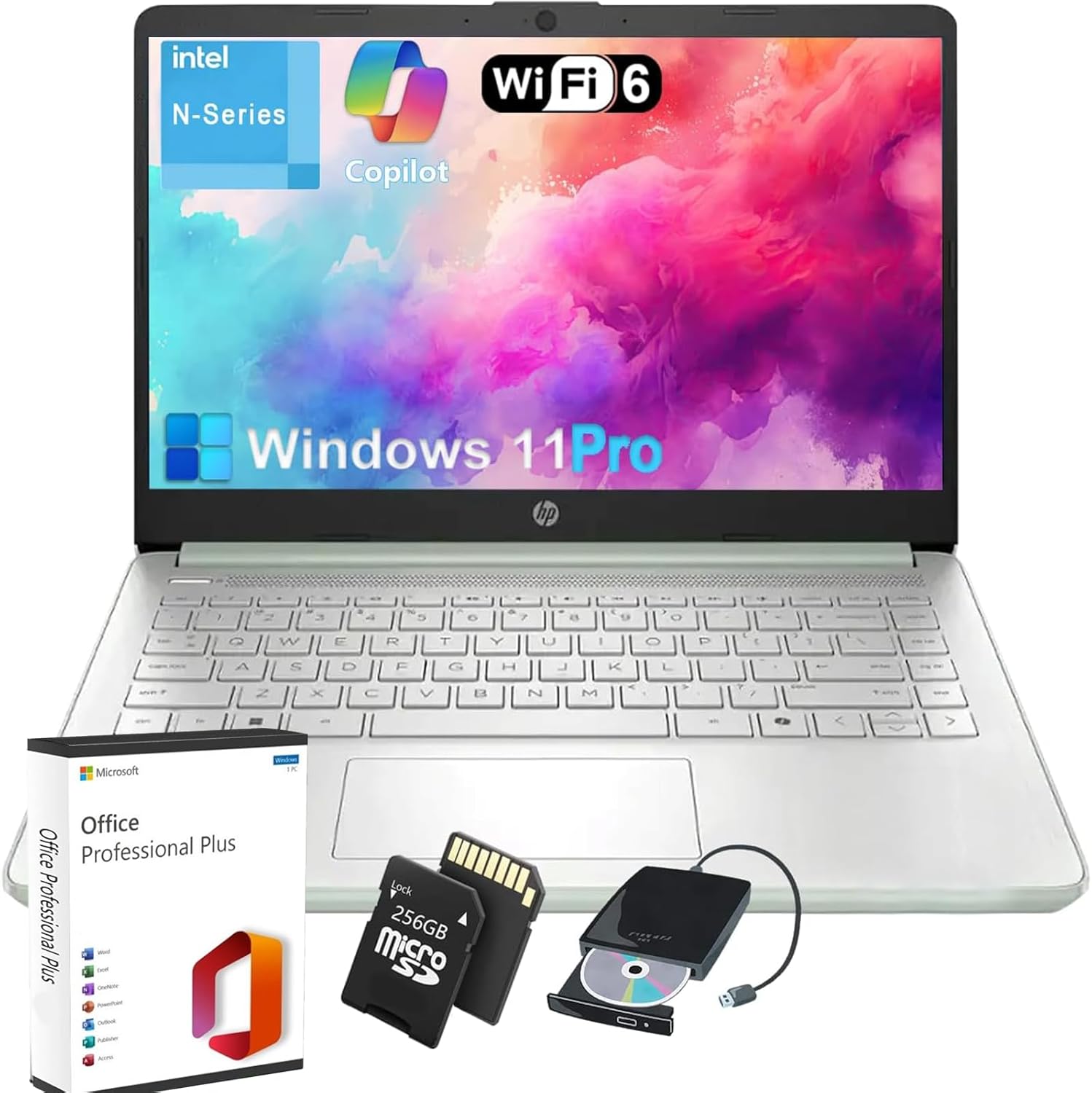 HP Student Business Laptop Computer – w/Microsoft Office Lifetime & External DVD Drive • 16GB RAM • 128GB UFS & 256GB Extend Micro SD Card • HD Display • Win11 Pro