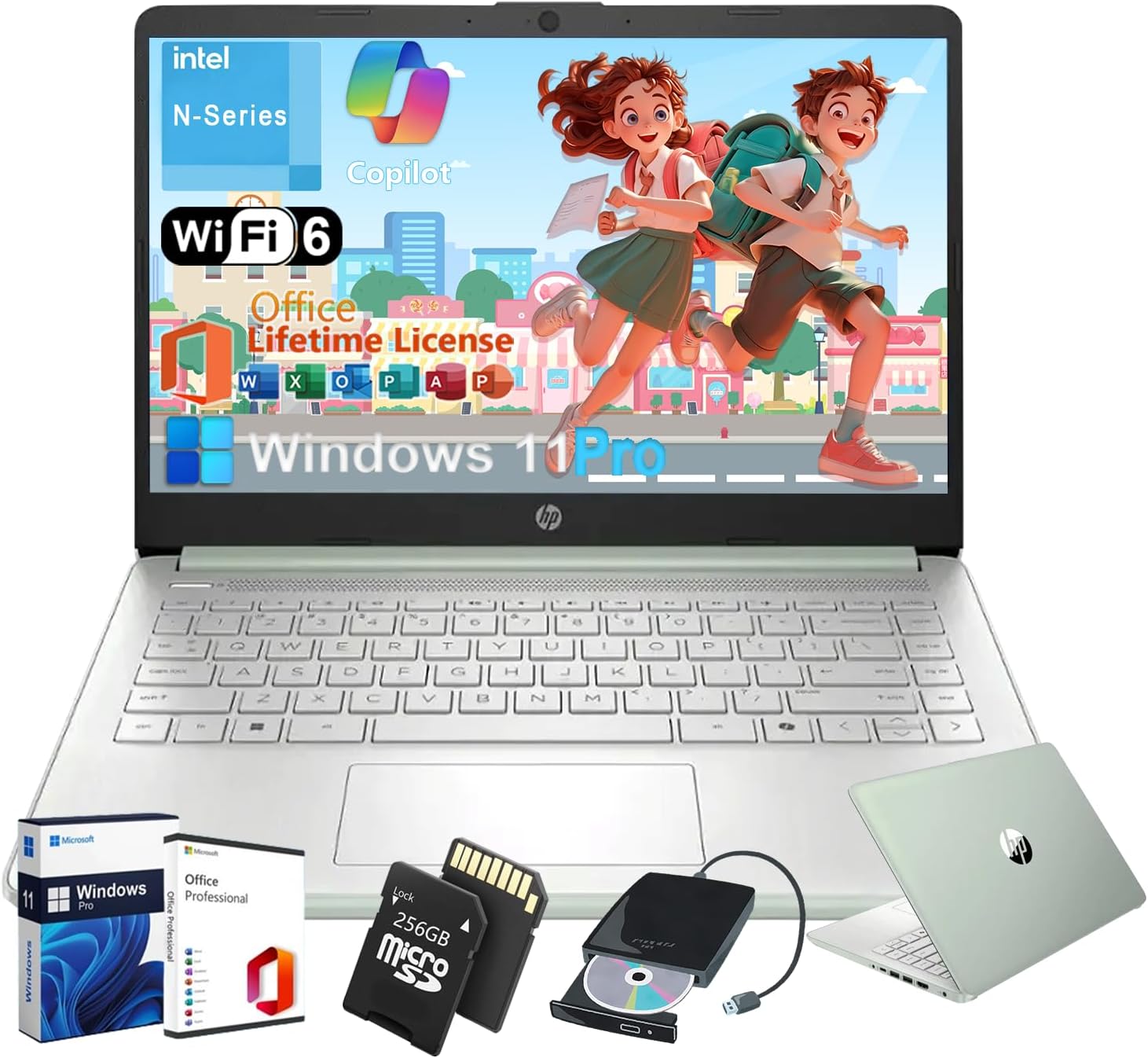 HP 2025 Business Laptop Computer – w/Microsoft Office Lifetime & External DVD Drive • 16GB RAM • 128GB UFS & 256GB Extend Micro SD • Intel 4-Core Processor • HD Display • Win11 Pro(Green)