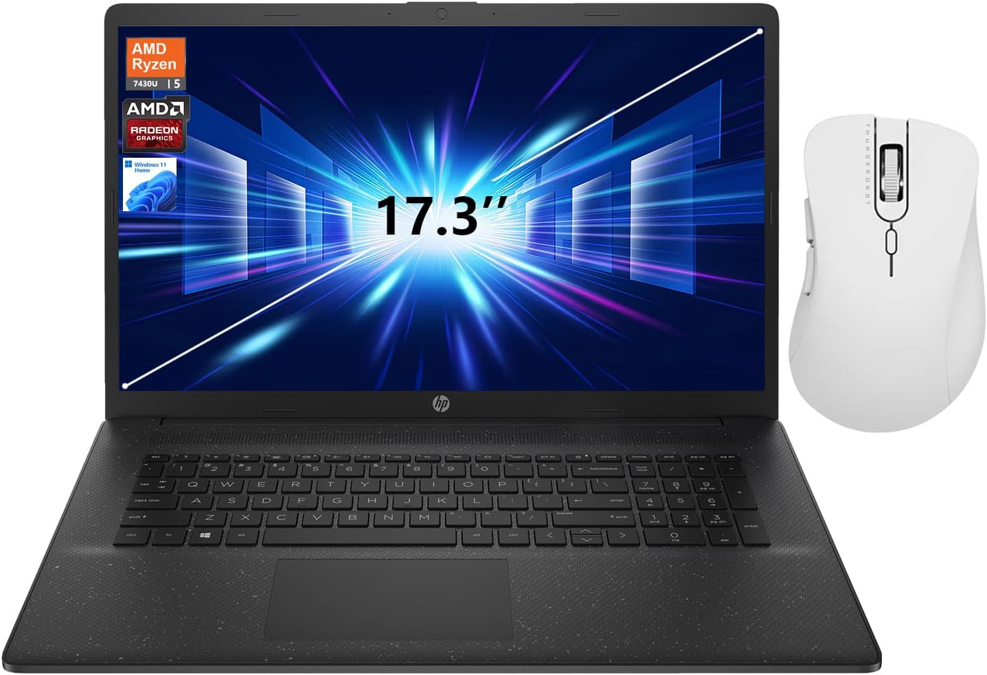 HP 17.3″ FHD Laptop, AMD Ryzen 5 7430U, 16GB RAM, 512GB PCIe SSD, Numeric Keypad, Webcam, HDMI, Wi-Fi 6, Bluetooth, Windows 11 Home, Black, Bundle with Thunderobot ML101 Wireless Mouse