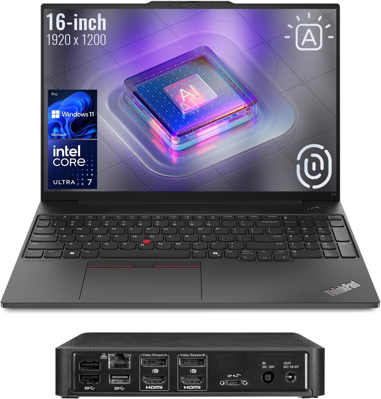 Lenovo ThinkPad E16 AI-Optimized Business Laptop, 16″ FHD+, Intel Core Ultra 7 155U, 64GB DDR5 RAM, 2TB SSD, Fingerprint, Backlit, HDMI, Wi-Fi 6, Windows 11 Pro, Bundle with Targus Docking Station