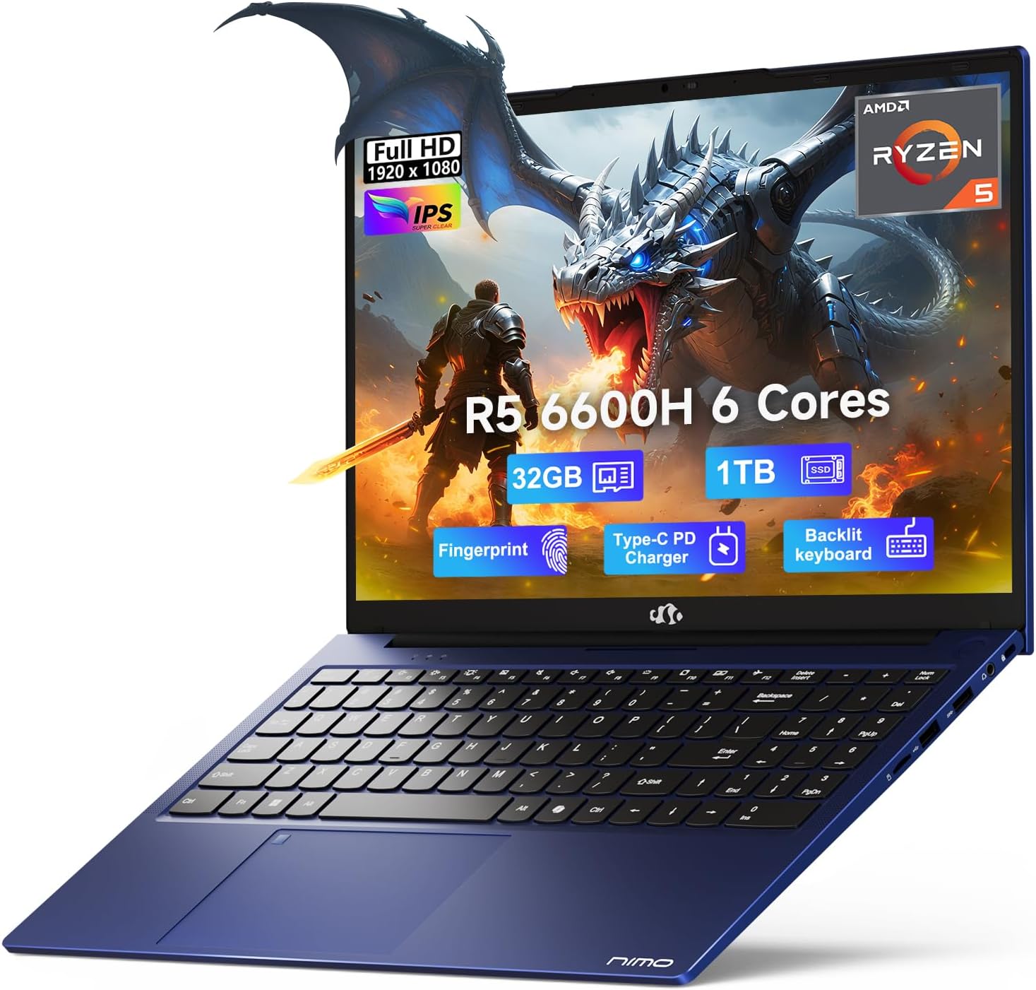 NIMO 15.6 FHD-Business-Gaming-Laptop, 6-Cores 660M GPU, AMD Ryzen 5 6600H 32GB DDR5 1TB SSD (Beat i5-12450H, Up to 4.5GHz) IPS Laptop Computer with 100W Type C Fingerprint Backlit Keyboard Win 11