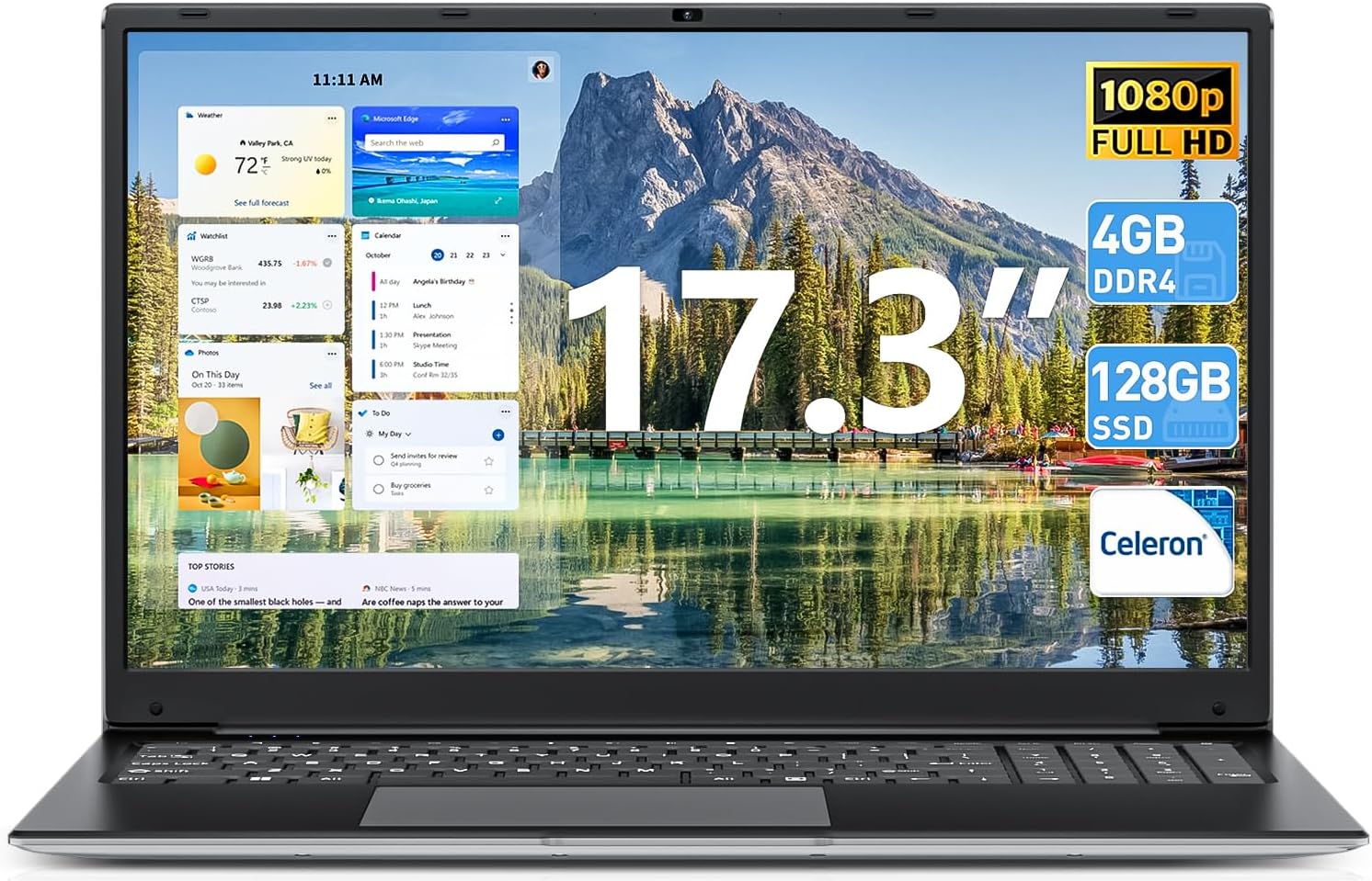 Windows 11 Laptops, 17.3 Inch Laptop Computer with Core i3 CPU, 4GB DDR4 128GB SSD, 60800mWh Battery, FHD IPS Display, Type-C, 5G WiFi, BT4.2, Webcam, USB3.2, HDMI, for Student and Business
