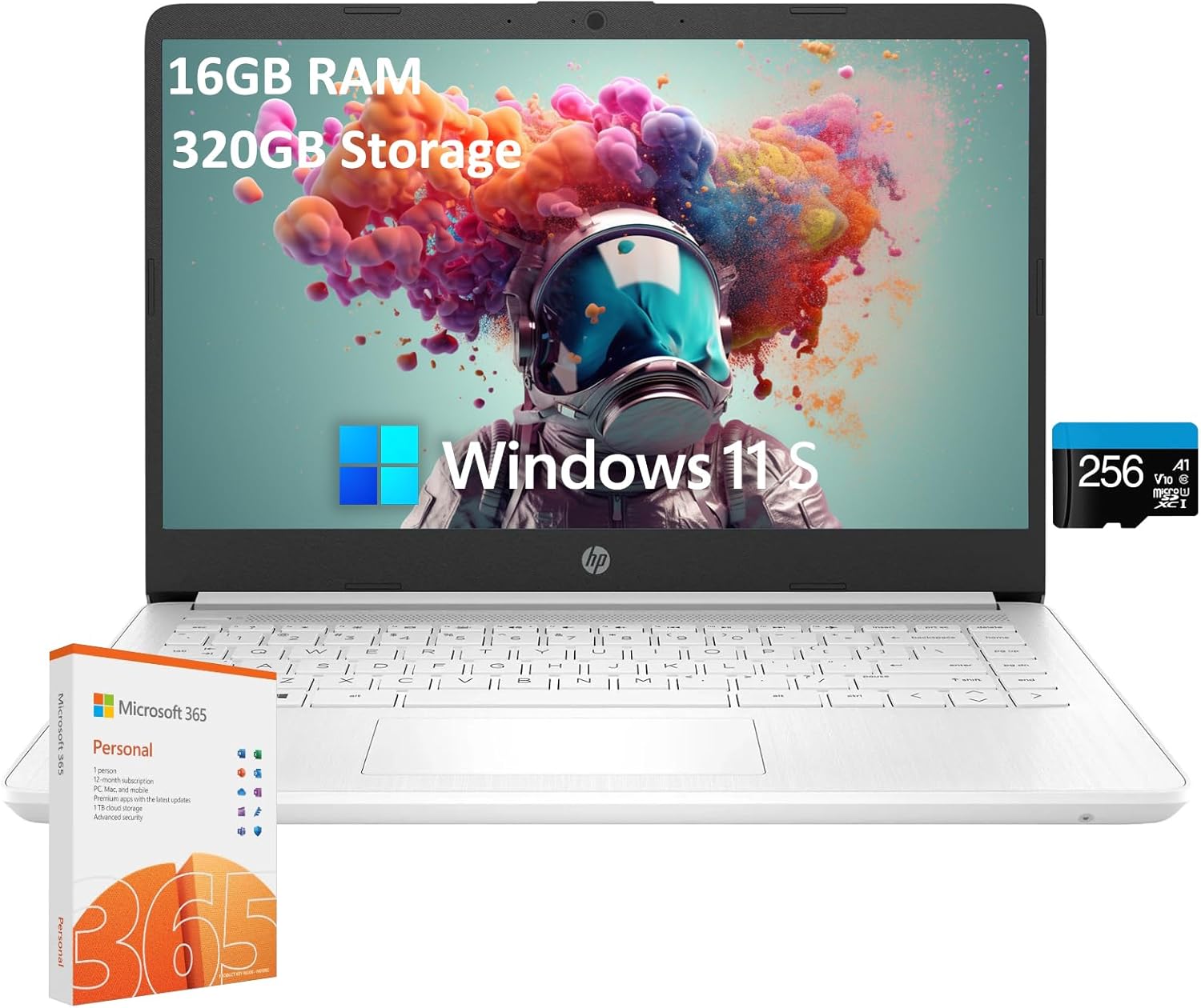 HP 2025 Student Business Laptop, 14″ HD Display, Intel Celeron 4-core CPU, 16GB RAM, 320GB Storage(64GB eMMC + 256GB SD Card), 1-Year Office 365, Intel UHD Graphics, Wi-Fi, Windows 11 S, w/Accessories