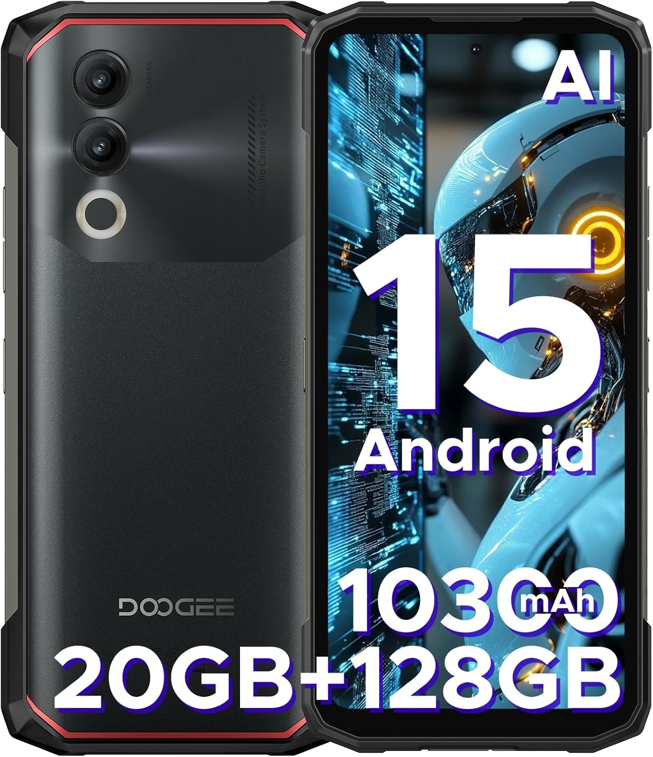 DOOGEE Blade 20 Android 15 Rugged Smartphone,10300mAh/18W Fast,128GB/TF 2TB Octa Core Rugged Phone,6.6″ HD+90Hz Cell Phone,16MP Camera, IP68/IP69K Waterproof Phone,NFC/Face ID/GPS