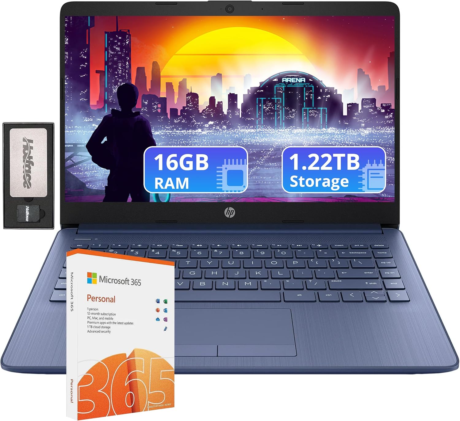 HP Flagship 14″ HD Laptop with 1 Year Office 365 | 16GB RAM | 1.22TB Storage(64GB EMMC & 160GB Docking Station Set & 1TB Cloud Storage) | Intel 4-Core Processor | Webcam | Win 11s | Blue