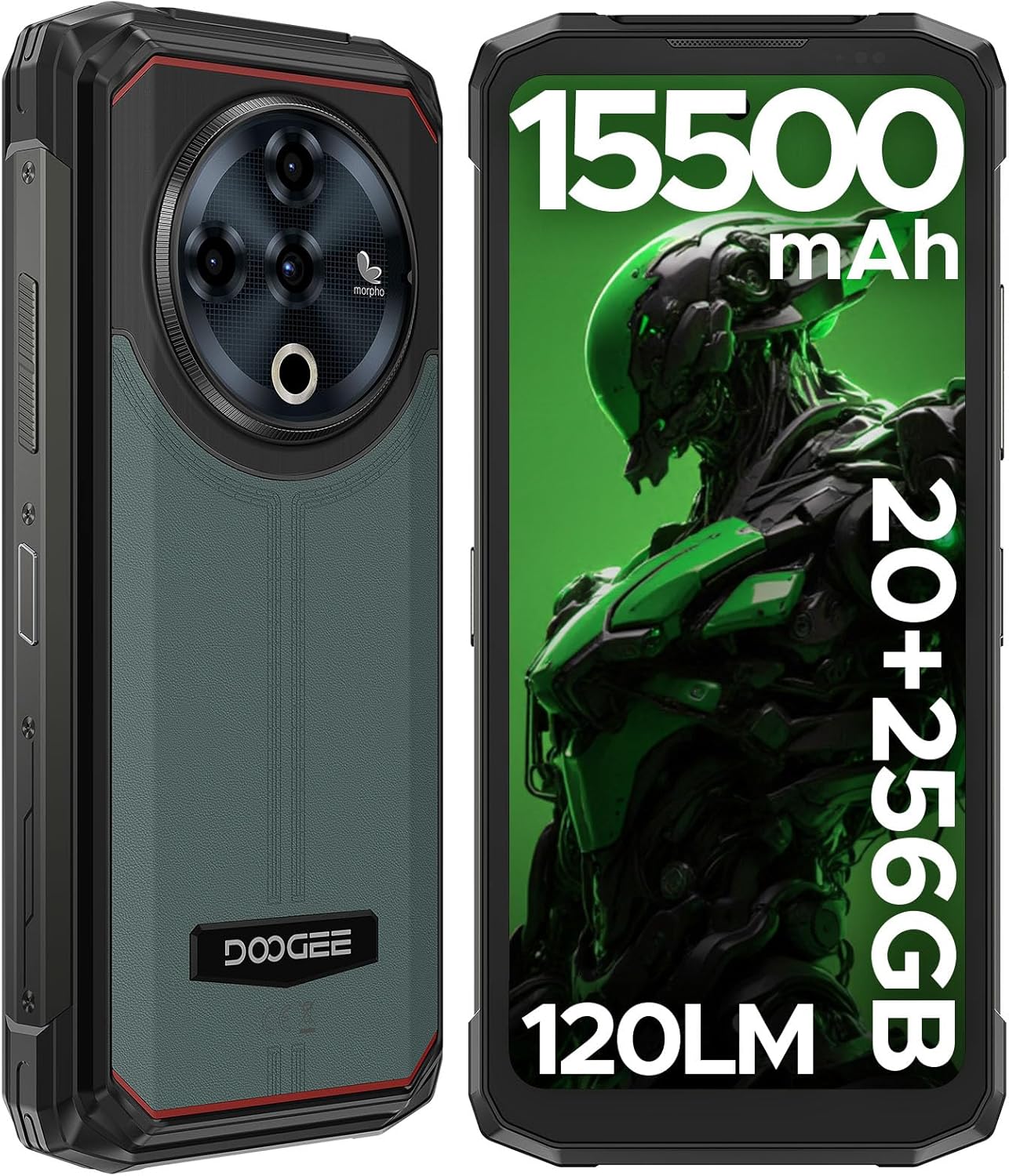 DOOGEE Fire 6 Power Rugged Smartphone, 15500mAh, Dual Flashlight, 20GB+256GB Rugged Phone, 50MP Camera, Android 14, Unlocked Cell Phone with 3-in-1 Cable, Dual Unlock, NFC, GPS, OTG, IP69K (Green)