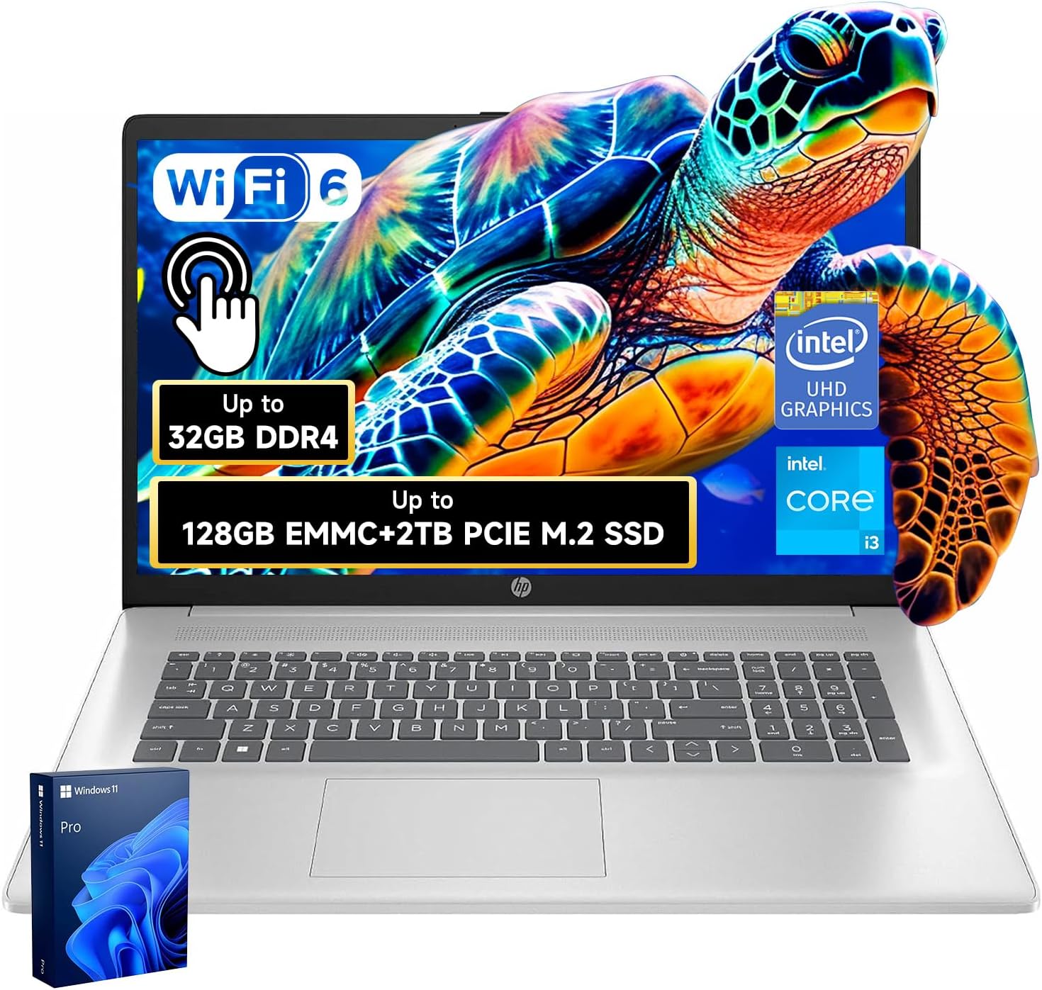 HP 17.3″ Touchscreen Laptop, Intel Core i3-N305, 16GB RAM, 128GB eMMC + 512GB SSD, Numeric Keypad, Webcam, HDMI, Wi-Fi 6, Windows 11 Pro, Silver