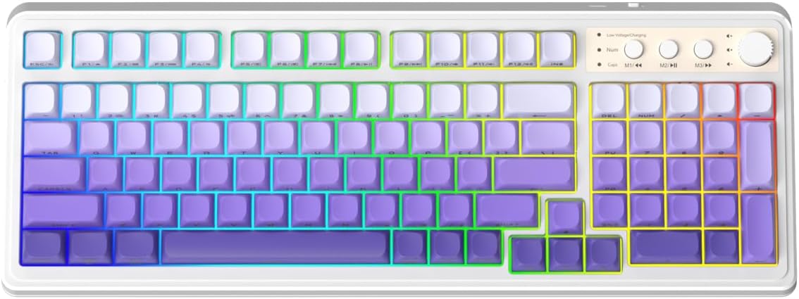 AULA S99 Wireless Keyboard, Tri-Mode Bluetooth/2.4GHz/USB-C Cute Creamy Gaming Keyboard with Number Pad RGB Backlit, Media Knob Custom Computer Keyboards for MAC Xbox PC Gamer – Gradient Purple