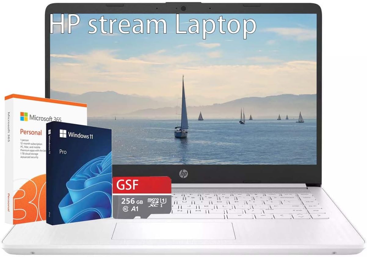 HP Stream 14 Inch Laptop Student Business, Windows 11 Pro, Microsoft 365, Intel Quad-core, 16GB RAM, 320GB Storage(64GB eMMC+256GB MSD), 1TB Cloud Storage, Ultra Light, Webcam, White, with Hub