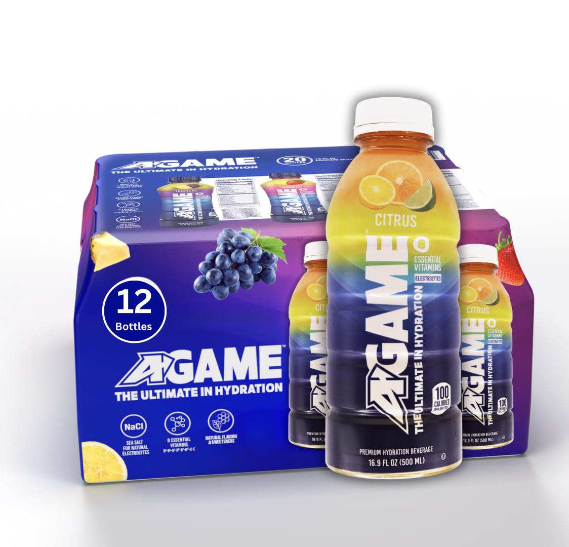 A-GAME Sports Drink, Citrus, The Ultimate Hydration Sports Beverage for Athletes, 8 Essential Vitamins including B, C, & E plus Natural Sea Salt Electrolytes, All Natural Flavors & Sweeteners, Gluten Free, 16.9 Fl Oz (Pack of 12)