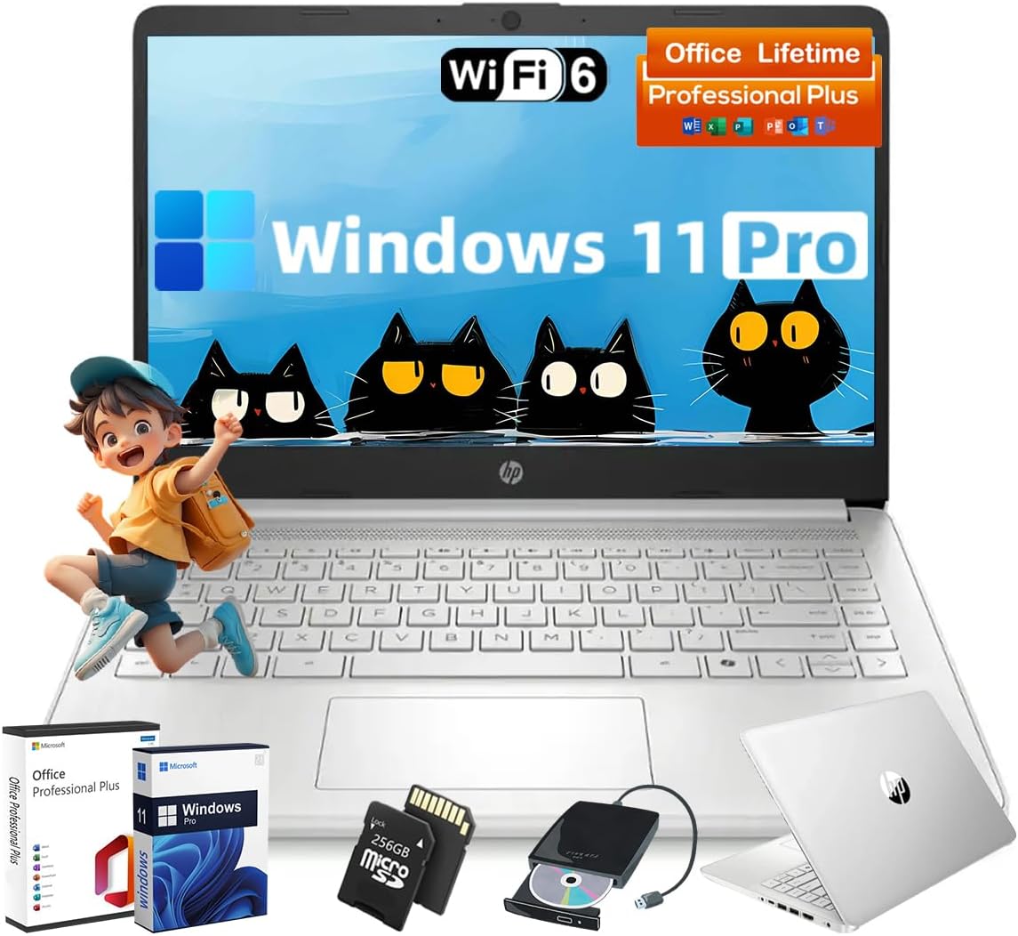 HP Business Student Laptop Computer – Windows 11 Pro & Microsoft Office Lifetime | 14 inch HD | AI-Powered, 12 Hr Batter N-Serious Laptop| 16GB RAM, 128GB UFS, 256GB Extend Micro SD | Silver