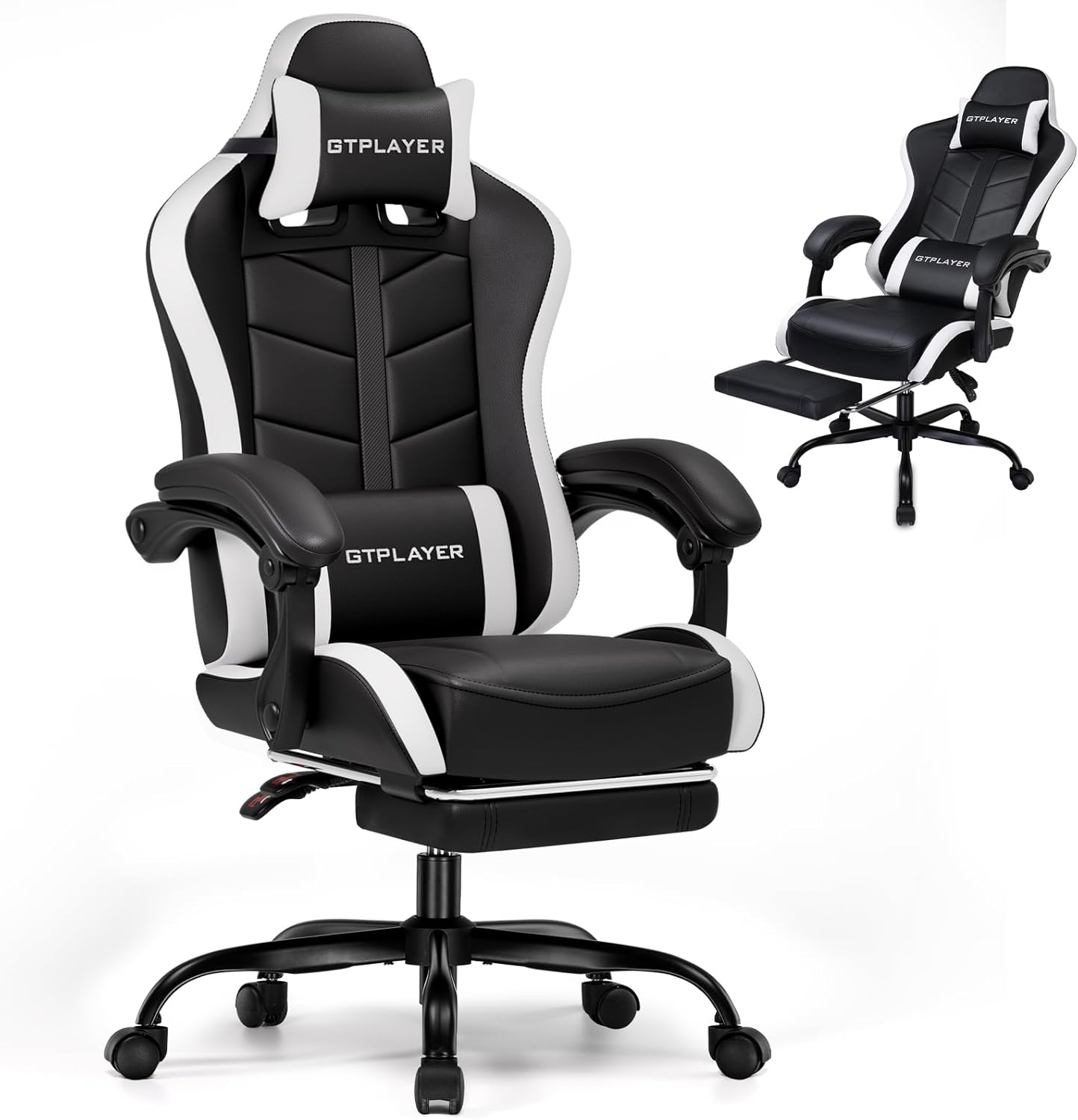 GTPLAYER Gaming Chair with Footrest, Ergonomic Game Chair for Adults and Kids, Adjustable Computer Chair with Reclining Function and Comfortable Headrest for Home and Office Use (White)
