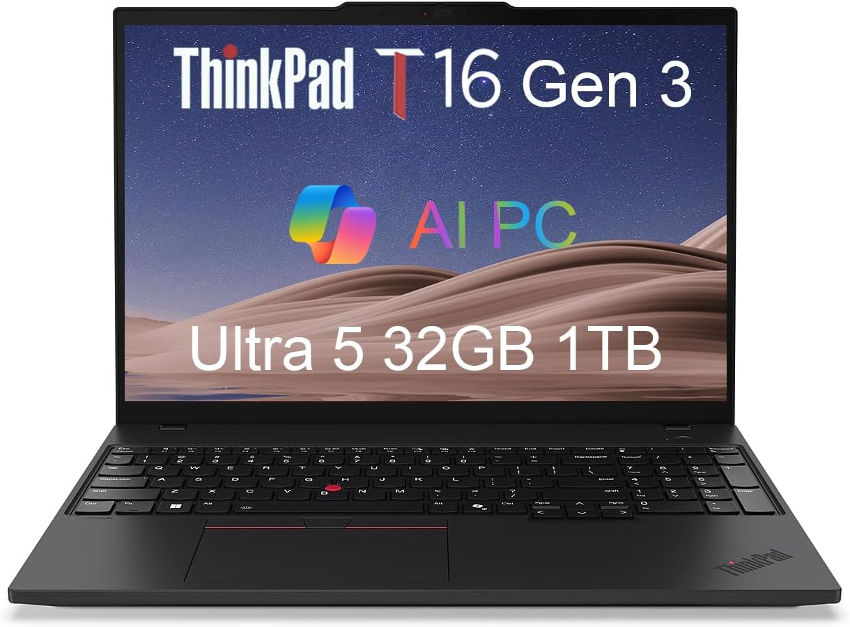 Lenovo ThinkPad T16 Gen 3 Business Laptop (16″ FHD+, Intel 12-Core Ultra 5 125U (>i7-1355U), 32GB DDR5, 1TB SSD), 2 x Thunderbolt 4, Fingerprint, Backlit, 5MP Webcam, Ethernet, Win 11 Pro, 2025 AI PC