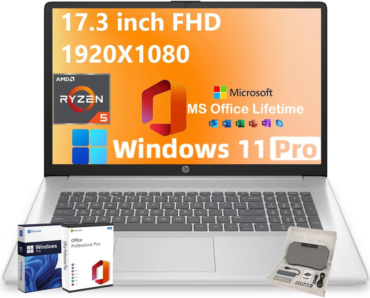HP 17.3″ FHD Laptop for Business & Students – w/External DVD Drive & Office Lifetime License, AMD Ryzen 5 7430U CPU, 250 Nits IPS Display, Webcam, Wifi6, Win 11 Pro (64GB RAM 2TB SSD)