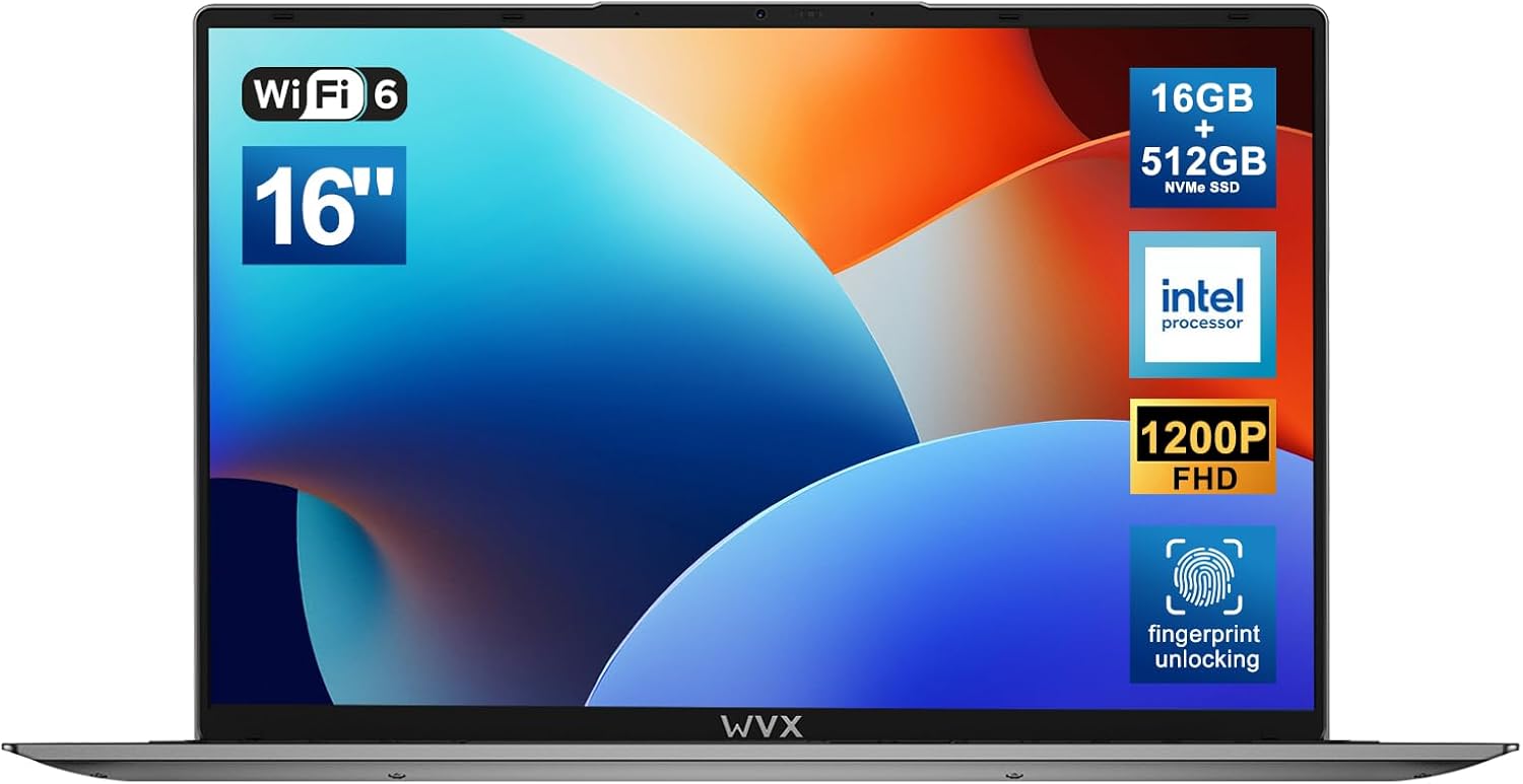 16 Inch FHD Laptop 16GB RAM 512GB SSD,Portable Computer 12th Gen N100(up to 3.4GHz,Beat n97 n95),WiFi 6 Bluetooth 5.2 1920X1200 Display 6000 MAh Battery Fingerprint Unlock Full-Featured Type-C