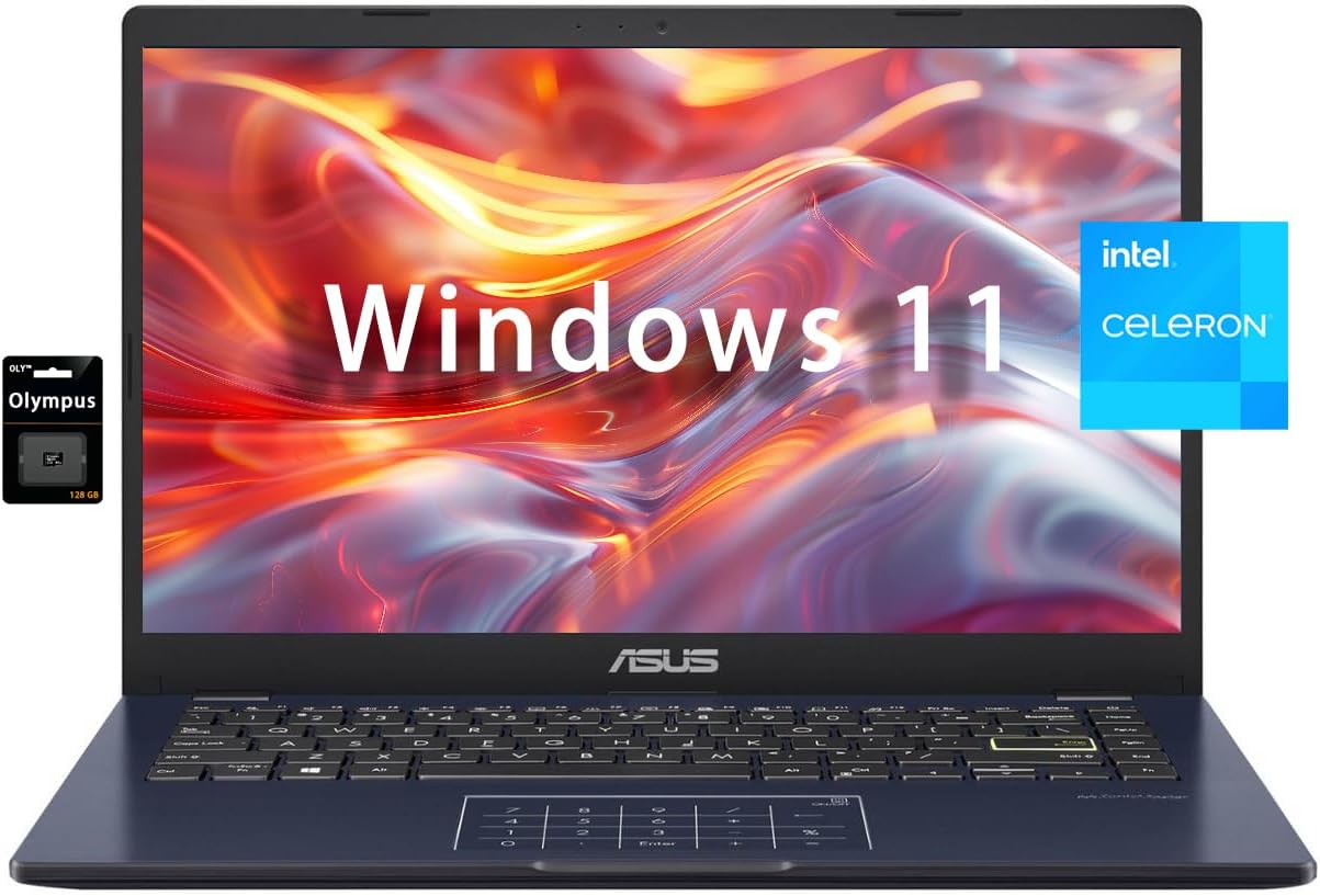 ASUS 14″ FHD Ultral Light Laptop for Business. Intel Quad-Core N4500, 4GB RAM, 320GB Storage, (64GB eMMC+256GB SD Card) Webcam, HDMI, Win 11 S, Quiet Blue