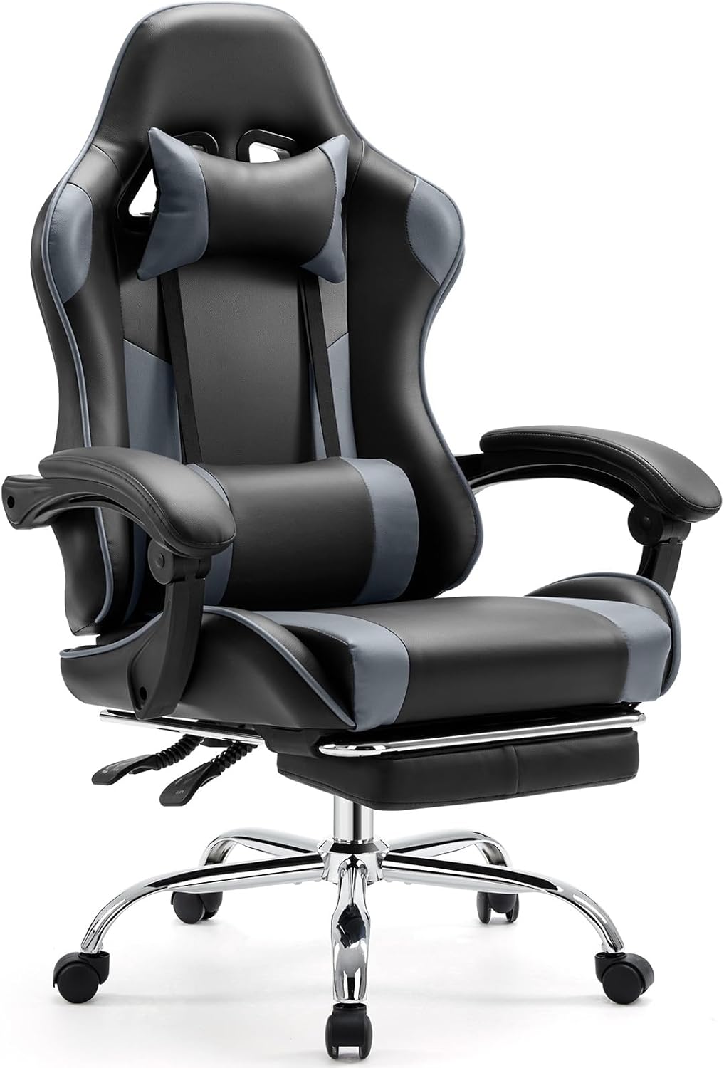 Sweetcrispy Video Game Desk Chair – Ergonomic Computer with Footrest and Comfy Lumbar Support, PU Leather Recliner with Headrest, Fixed Up Armrest, Height Adjustable with 360° Swivel, for Adults, Grey