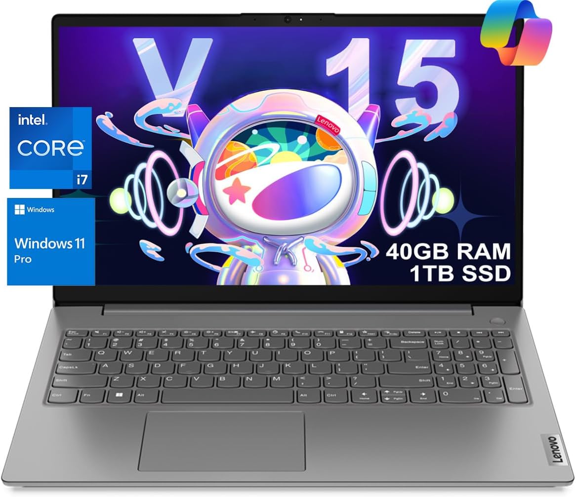 Lenovo Laptop V15 for Business, Home, Student (15.6″ FHD Anti-Glare, Intel i7-1255U, 40GB RAM, 1TB SSD), Numeric Keypad, Webcam w/Shutter, Type-C, RJ-45, Wi-Fi, Win 11 Pro w/AI Copilot, Grey