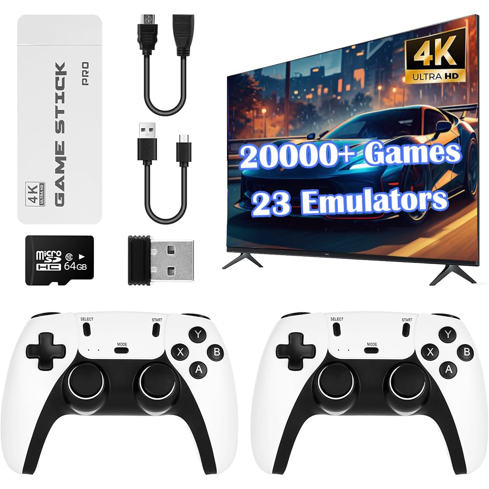 Upgraded Retro Game Console, Game Stick With 20000+ Classic Games/23 Emulators, Includes 2 Wireless 2.4GHz Controllers,Plug & Play Video Games for TV(64GB)