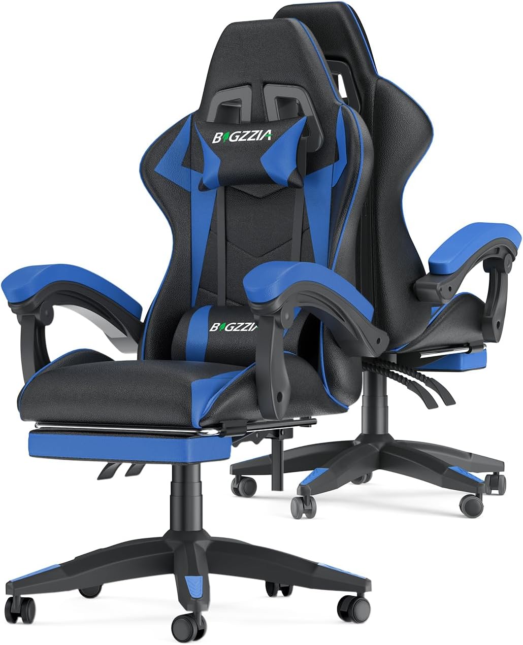 Bigzzia Gaming Chair with Footrest, Ergonomic Computer Game Chairs, Headrest and Lumbar Support, Adjustable Height, Reclining, Racing Style, and 360°Swivel Seat, Black/Blue