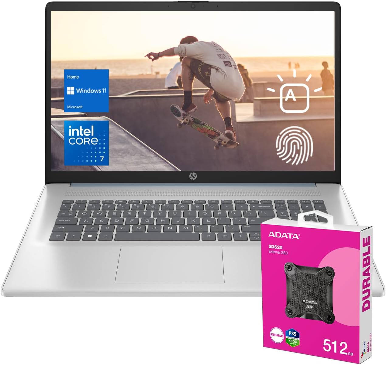HP 2025 Essential Laptop, 17.3″ FHD, Intel Core 7 150U (Beats I7 1335U), 64GB RAM, 2TB SSD, Fingerprint Reader, Backlit Keyboard, Wi-Fi 6, Win 11 Home, Blue, Bundle with ADATA 512 External SSD