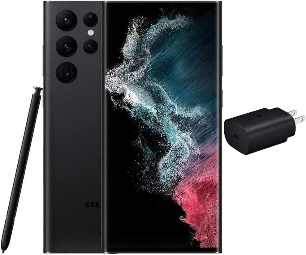SAMSUNG Galaxy S22 Ultra 5G (128GB, 8GB) 6.8” AMOLED 2X, 108MP Camera, Global Volte (Fully Unlocked for AT&T, Verizon, T-Mobile, Global) G908U1 (w/ 25W Super Fast Charger, Phantom Black) (Renewed)
