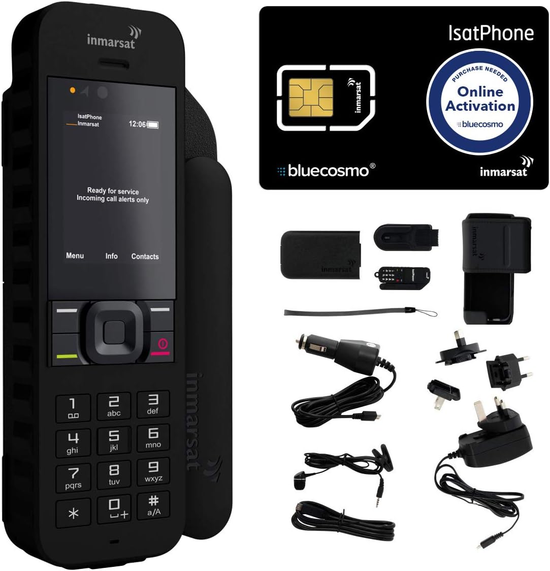BlueCosmo Inmarsat IsatPhone 2.1 Satellite Phone Kit (SIM Included), unlocked – Global Coverage – Voice, SMS, GPS Tracking, Emergency SOS – Prepaid and Monthly Service Plan Options