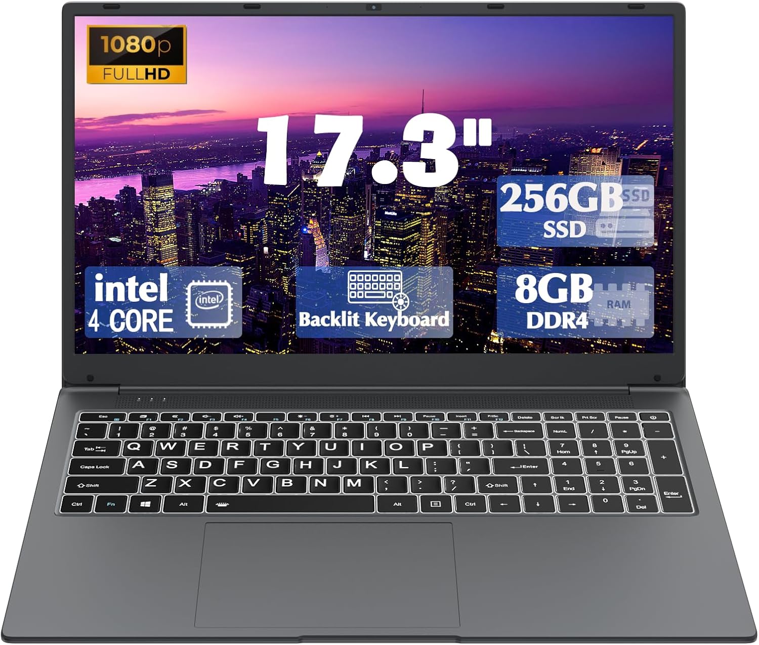 17 Inch Laptop with Backlit Keyboard, Full-Size Large Font Keyboard, Intel Celeron N5095, 8GB RAM 256GB SSD, Computers with Windows 11, Type-C, Webcam, Dual Wi-Fi, Buletooth 4.2