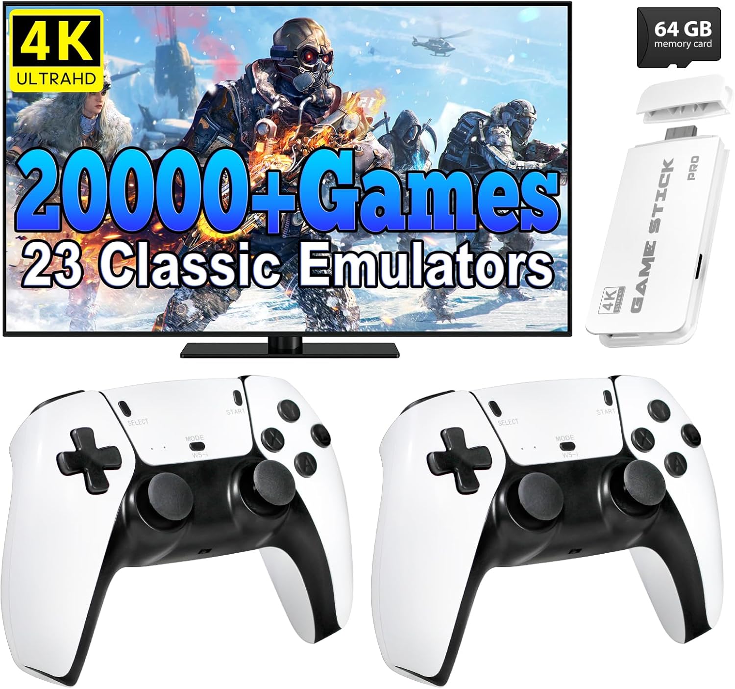 Retro Gaming Console, 20,000+ Retro Game Stick, 23 Emulators, 4K HD HDMI TV Game Stick, Includes 2 Wireless 2.4GHz Controllers,Plug & Play Video Games for TV(64GB)