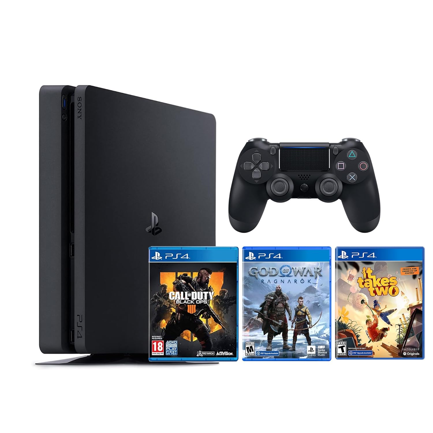 PlayStation 4 Slim 1TB Console with Aftermarket Black Wireless DS Controller with God of War: Ragnarok, It Takes Two, Call of Duty Black Ops 4 PS4 Game Disc – PS4 Gaming System [video game] [video game] (Renewed) [video game]