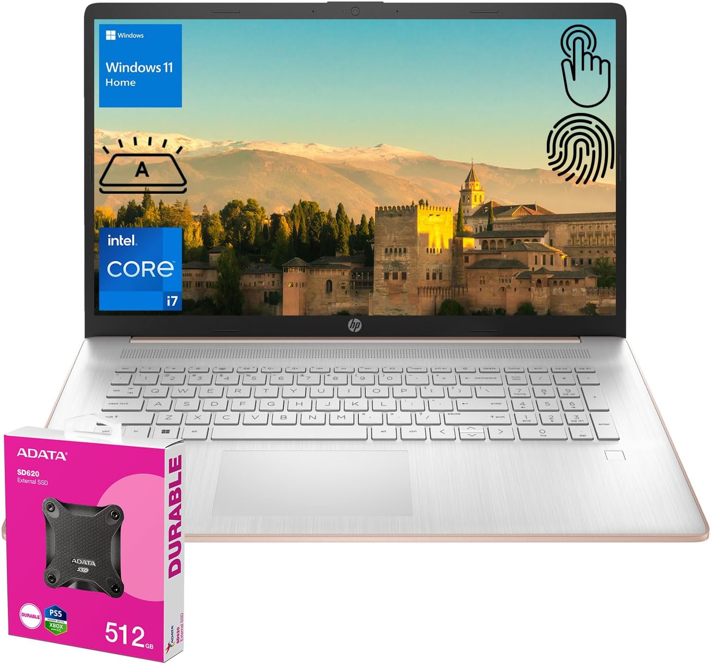 HP Premium 17.3″ Laptop, 17.3″ HD+ Touchscreen, Intel Core i7-1355U, 64GB RAM, 2TB SSD, Webcam, HDMI, Backlit KB, FP Reader, Wi-Fi 6, Win 11 H, Pale Rose Gold, ADATA 512 External SSD Bundle