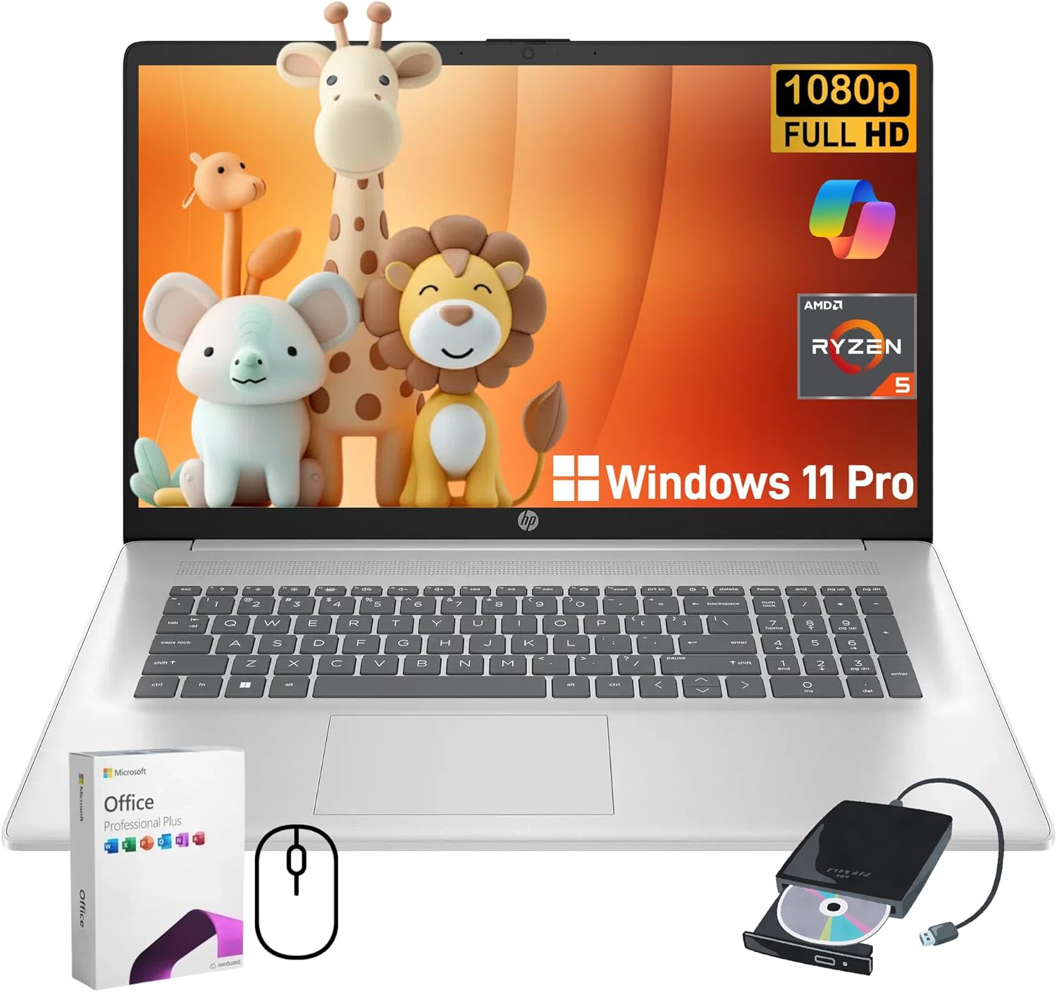 HP 17.3″ Laptop Computer for Business and Students – AMD Ryzen 5 7430U, Full HD 300 Nits IPS Display, Webcam, Wi-Fi 6, Windows 11 Pro & Office Pro Lifetime, W/External CD/DVD Drive, 32GB RAM + 1TB SSD