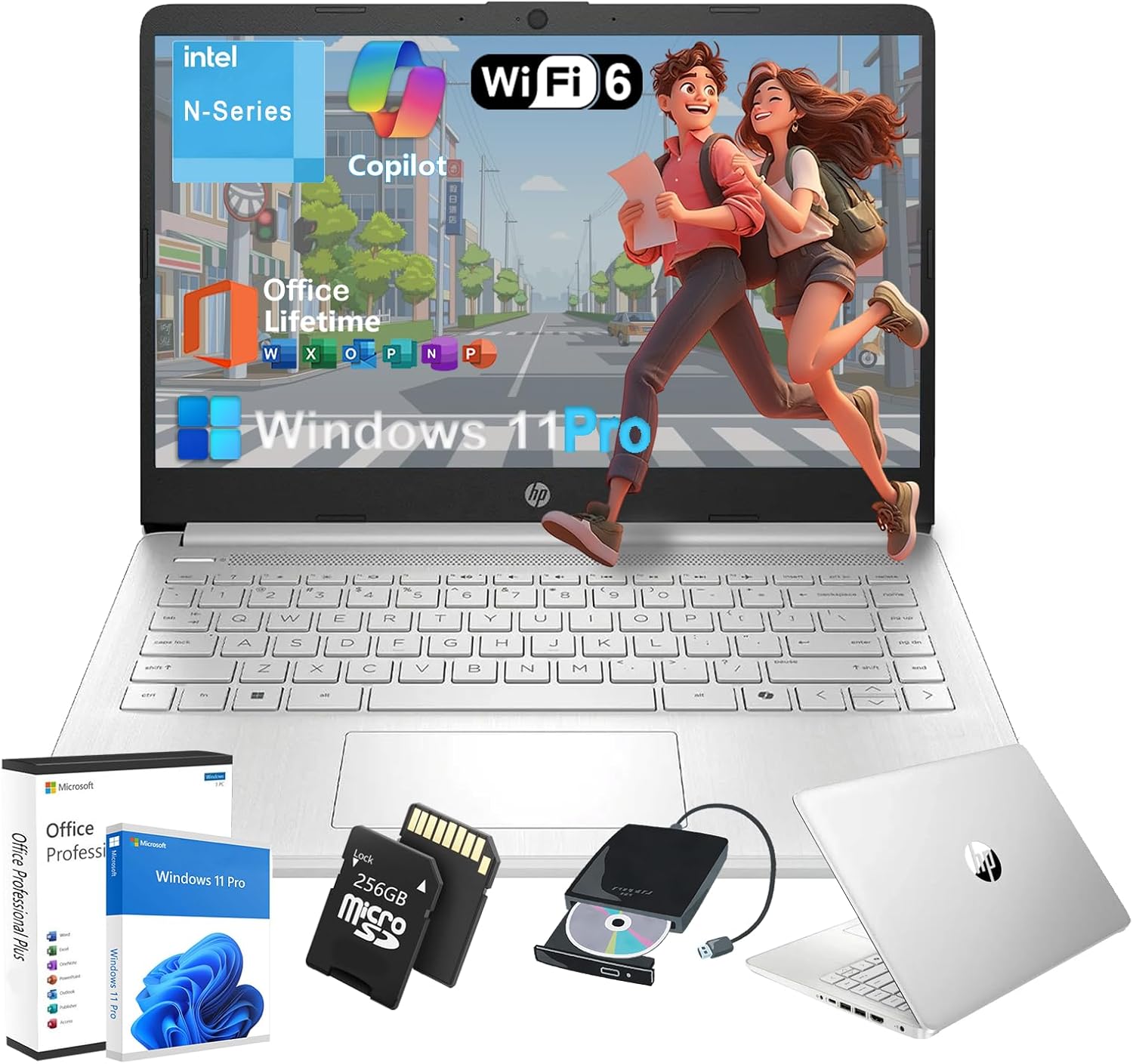HP Student Business Laptop Computer – w/Microsoft Office Lifetime & External DVD Drive • 16GB RAM • 128GB UFS & 256GB Extend Micro SD • Intel 4-Core Processor • HD Display • Win11 Pro(Silver)