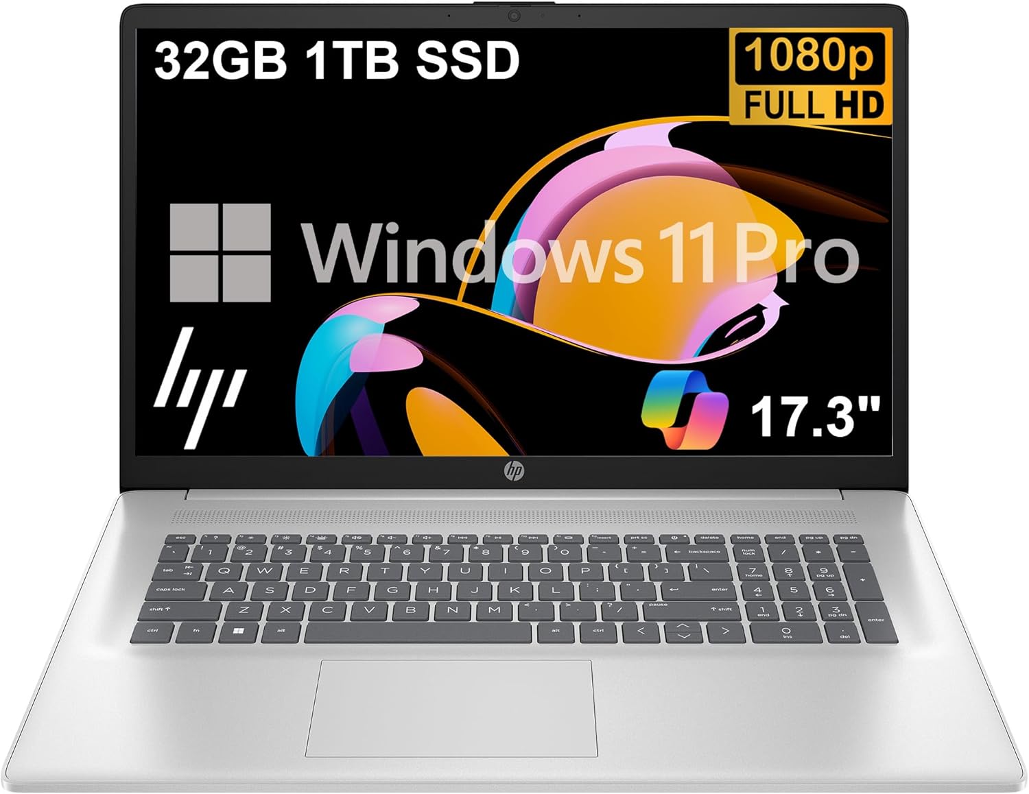 HP 17 Laptop (17.3″ FHD Anti-Glare, 32GB RAM, 1TB SSD, AMD Ryzen 5 7430U (> Intel i5-1334U)), Webcam, Long Battery Life, Fast Charge, Numeric Pad, Win 11 Pro w/AI Copilot, Business & Student – Silver