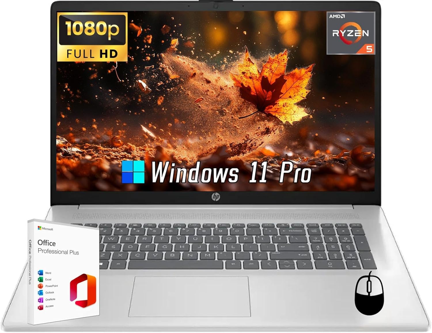 HP 17 inch Laptop, Microsoft Office Lifetime License & Windows 11 Pro, 17.3″ FHD Display, AMD Ryzen 5 7430U, 32 GB RAM, 1 TB SSD, AMD Radeon Graphics, Anti-Glare,Wi-Fi 6, w/Accessories