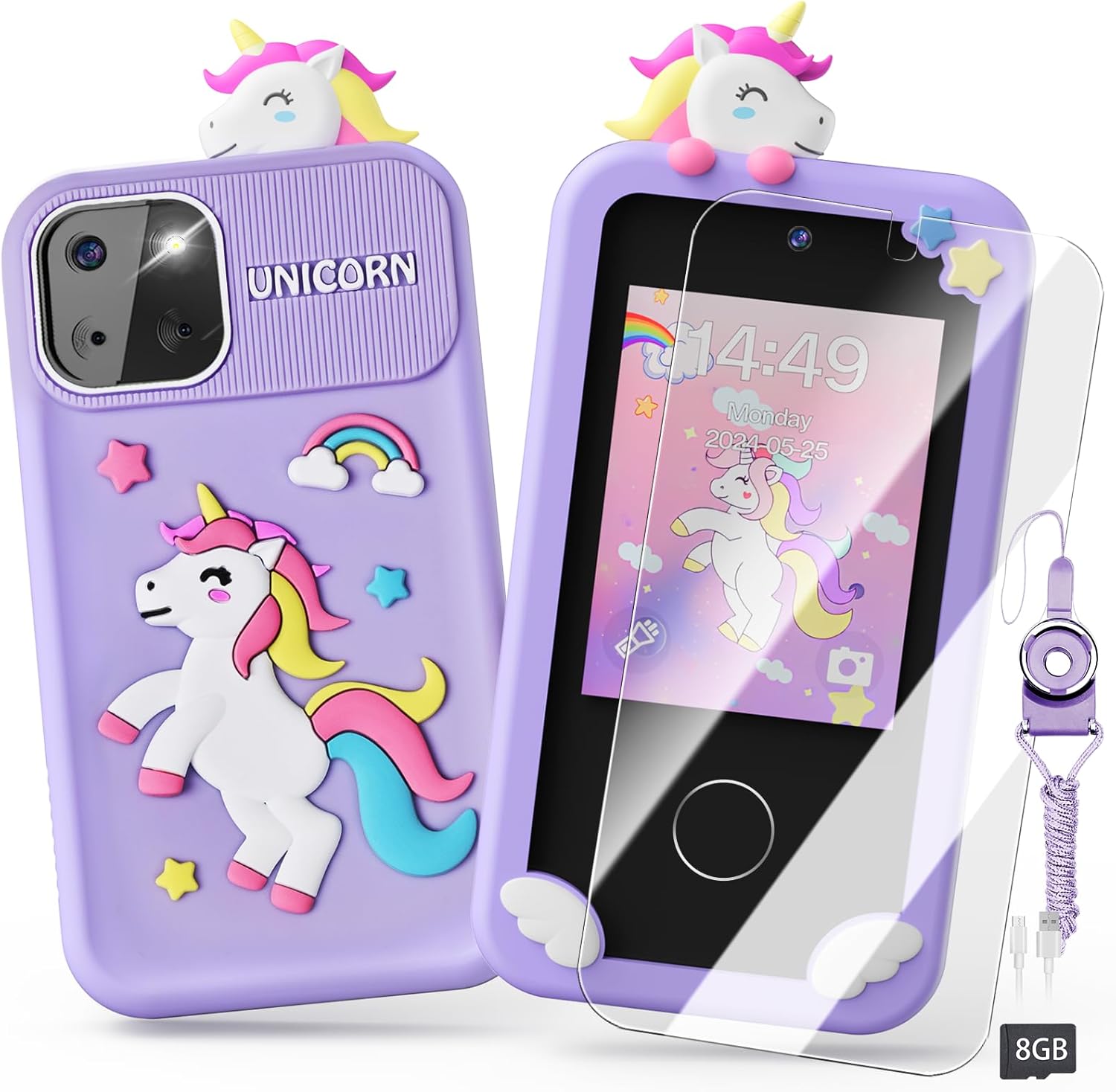 Kids Smart Phone Toys for Girls,Unicorn Gift Toys for Girls Ages 3-9 Christmas Birthday Gifts Mini Smart Phone Toys With 2.8″ Touchscreen 16 Learning Games Dual Camera Music Player, 8G SD Card