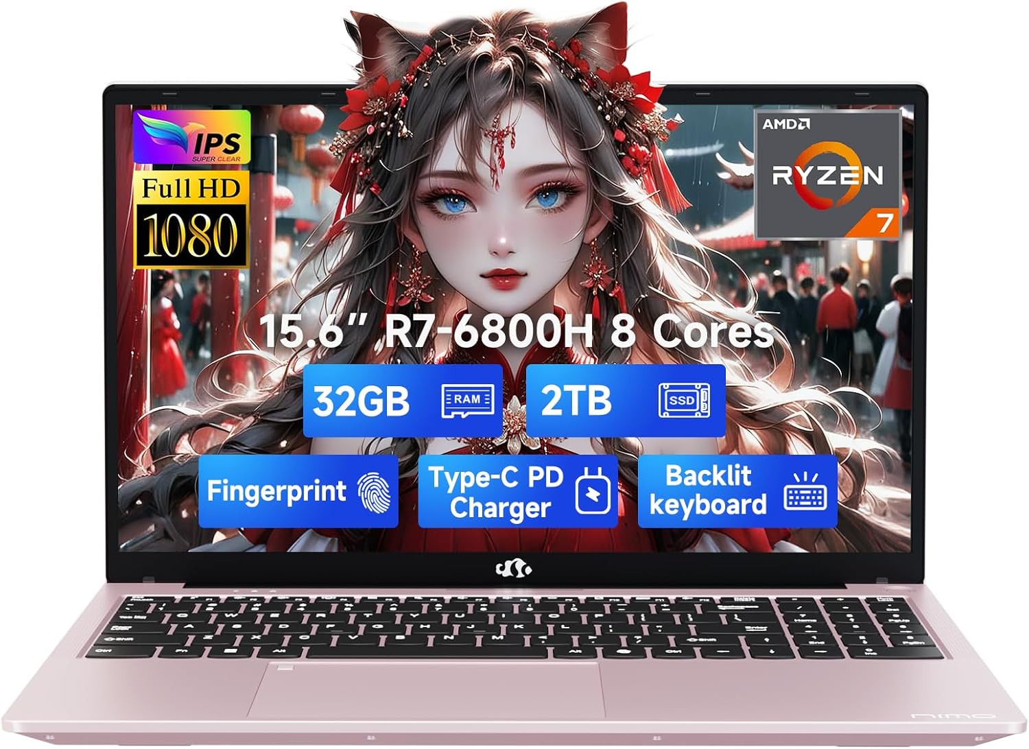 NIMO 15.6″ IPS FHD-Gaming-Laptop, 8 Cores AMD Ryzen 7 6800H 32GB DDR5 RAM 2TB SSD (Beat Intel i7-12700H, Up to 4.7GHz) AMD Radeon 680M GPU-Computer with 100W Type-C Backlit Keyboard, Fingerprint