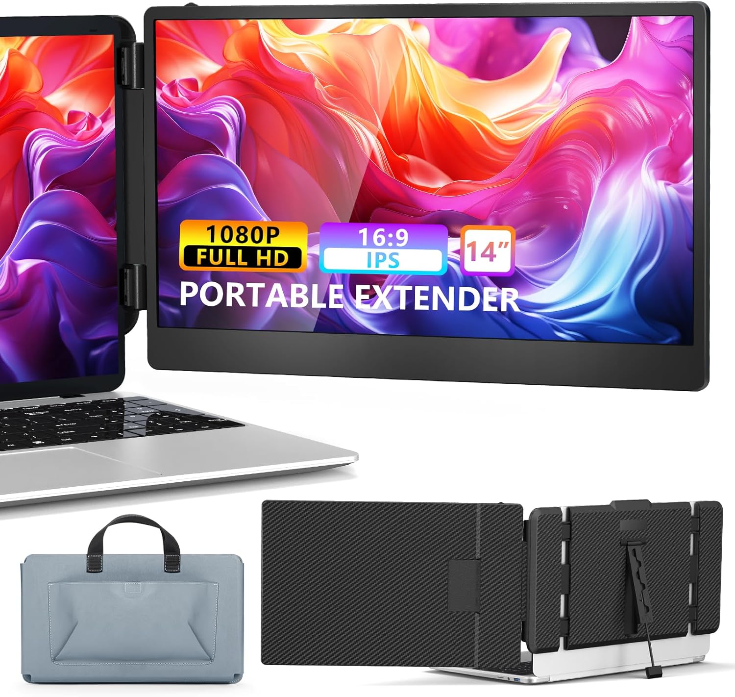 Laptop Screen Extender, 14″ Portable Monitor for Laptops 1080P FHD IPS Display Dual Extended Monitor for 13″-17″ Laptops USB-C/HDMI Ports Plug & Play Compatible with Windows Mac Android Switch PS5