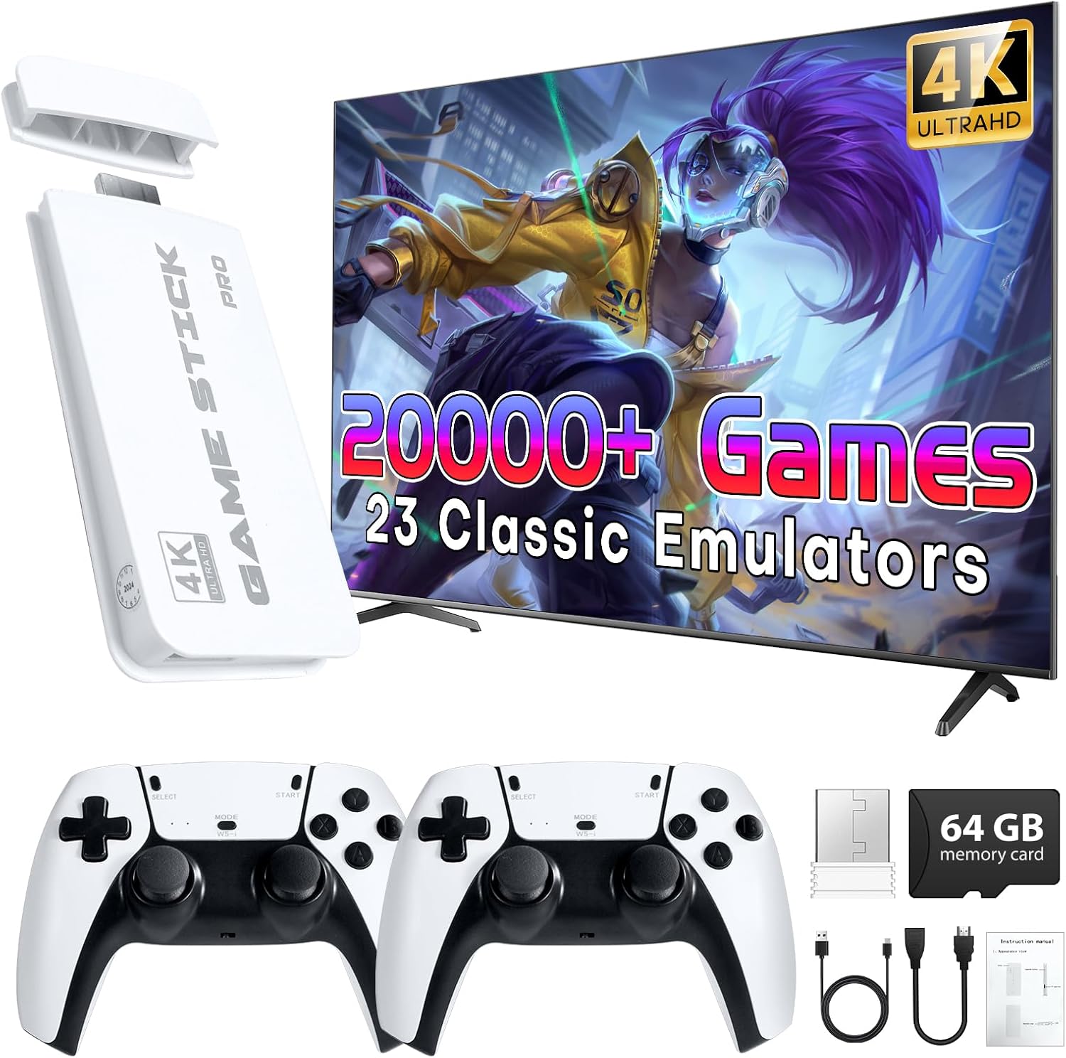 Wireless Retro Game Stick, 64GB Game Console Built-in 23 Emulators with 20,000+ Classic Games, Support 4k HDMI Output, Upgraded Dual 2.4G Wireless Controllers, Plug & Play TV Video Gaming Stick
