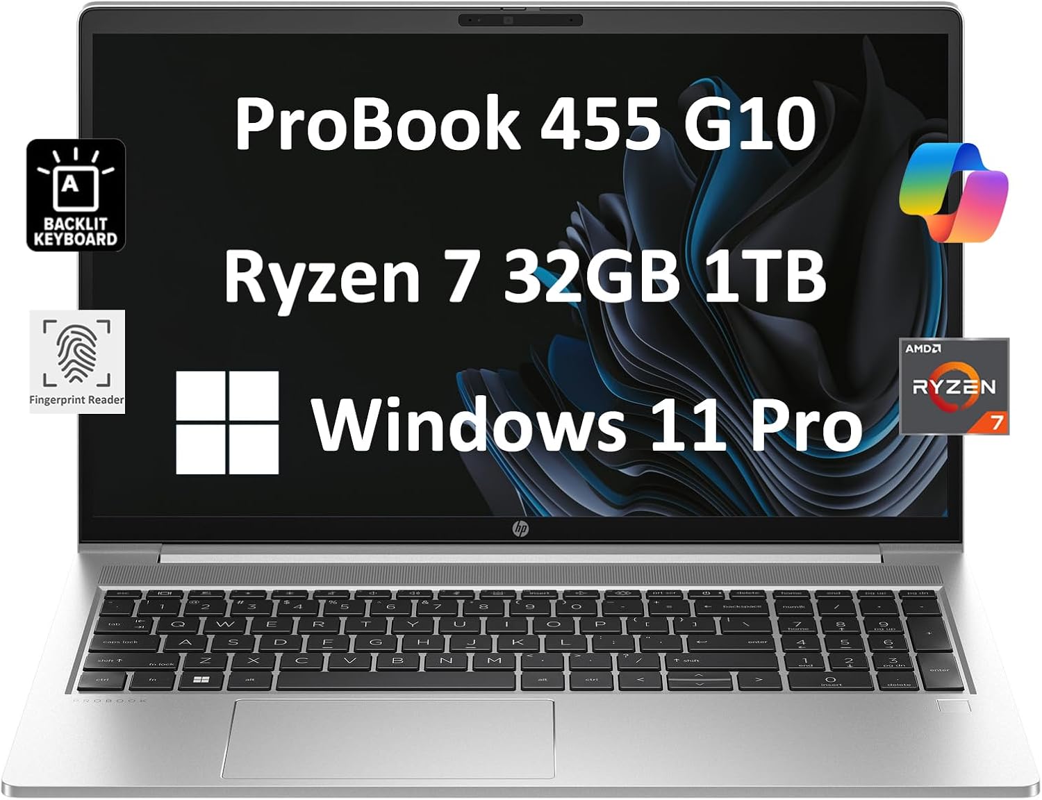 HP ProBook 455 G10 Laptop (15.6″ FHD Anti-Glare, AMD Ryzen 7 7730U (> Intel i7-1255U), 32GB RAM, 1TB SSD) for Business, Enterprise, Backlit, Fingerprint, Webcam, Ethernet, Win 11 Pro w/ AI Copilot