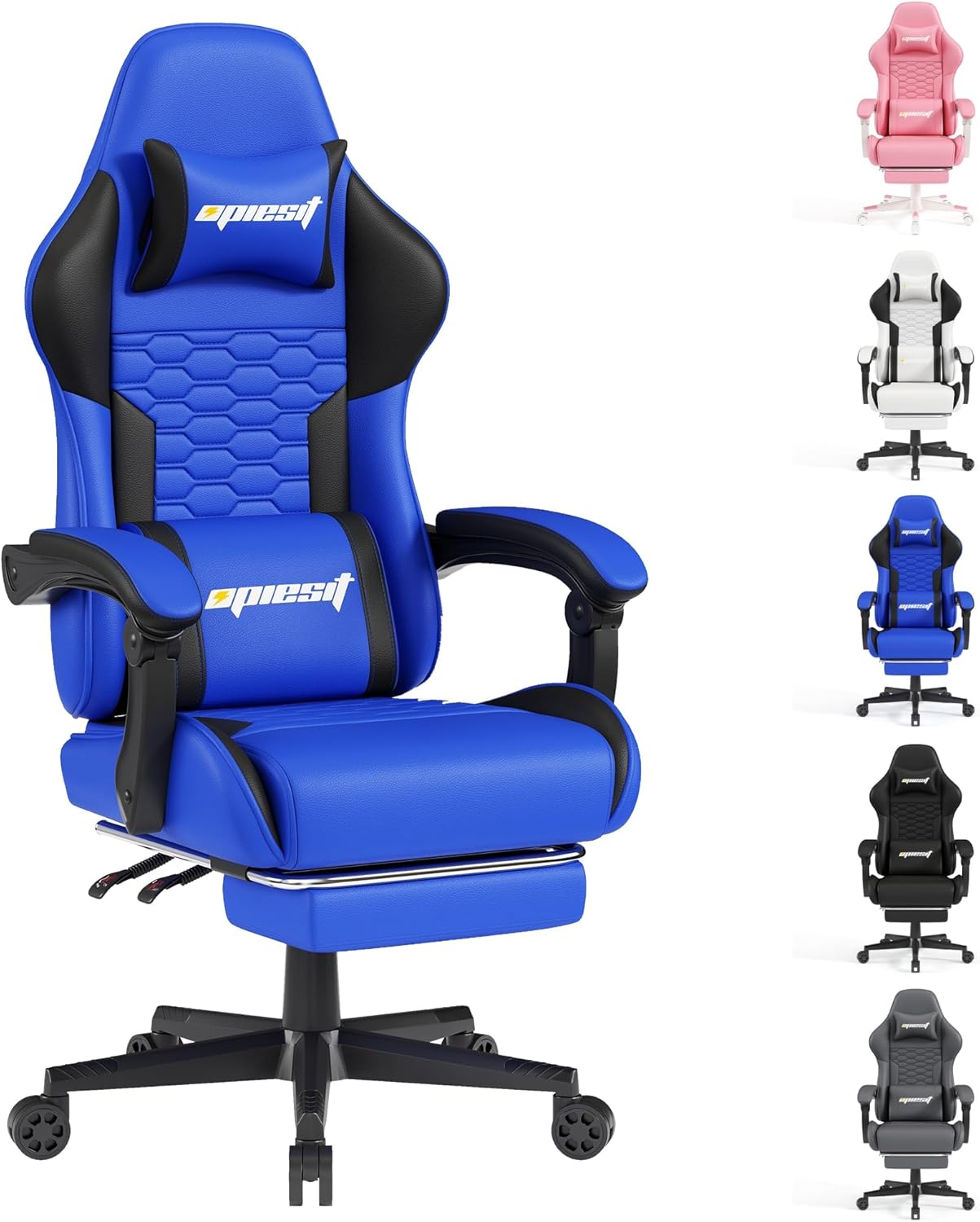 Gaming Chair,Heavy Duty Gaming Chairs for Adults with Footrest,Video Game Computer Chairs with Lumbar Support,Height Adjustable Ergonomic Desk Office Chair Recliner,Blue PU Leather