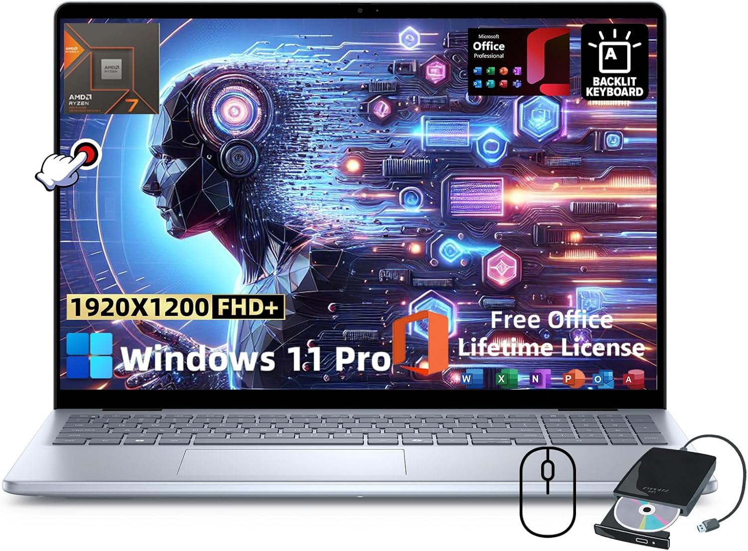 Dell Inspiron 16 Touchscreen Laptop – for Business & Students, 16″ FHD+ Display, w/Office Lifetime & External CD/DVD Drive, Ryzen 7 8840U, Fingerprint, Backlit KB, Win11 Pro (64GB RAM, 2TB SSD)