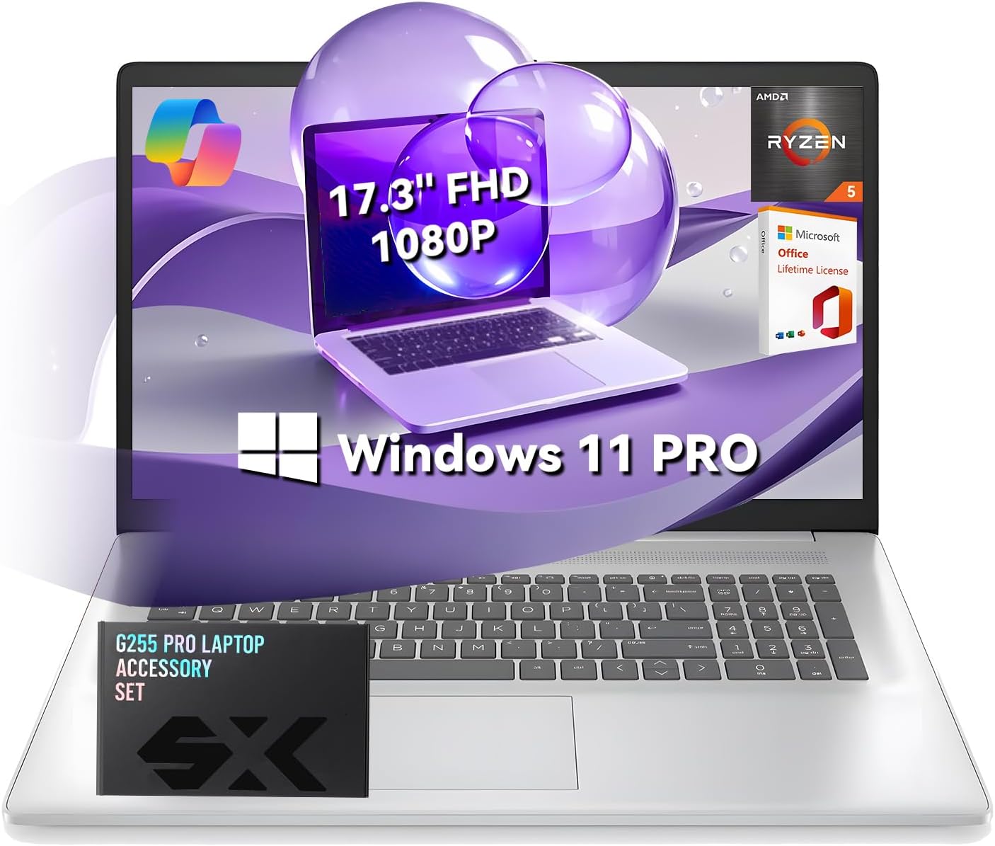 HP 17 inch Laptop for Business and Students, Ms Office Lifetime – Wins 11 Pro, AMD Ryzen 5 (Beats i7-1165G7), 17.3″ FHD, Copilot, Numeric Keypad, w/Accessory (64GB RAM | 2TB SSD)