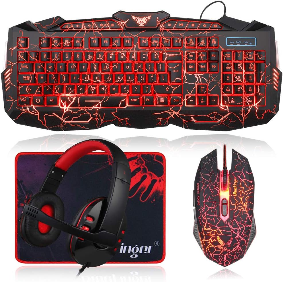 BlueFinger Gaming Keyboard Mouse Headset Combo, USB Wired Crack Backlit,114 Keys Letters Glow LED Keyboard, Red LED Light Headset for Laptop PC Computer Work and Game