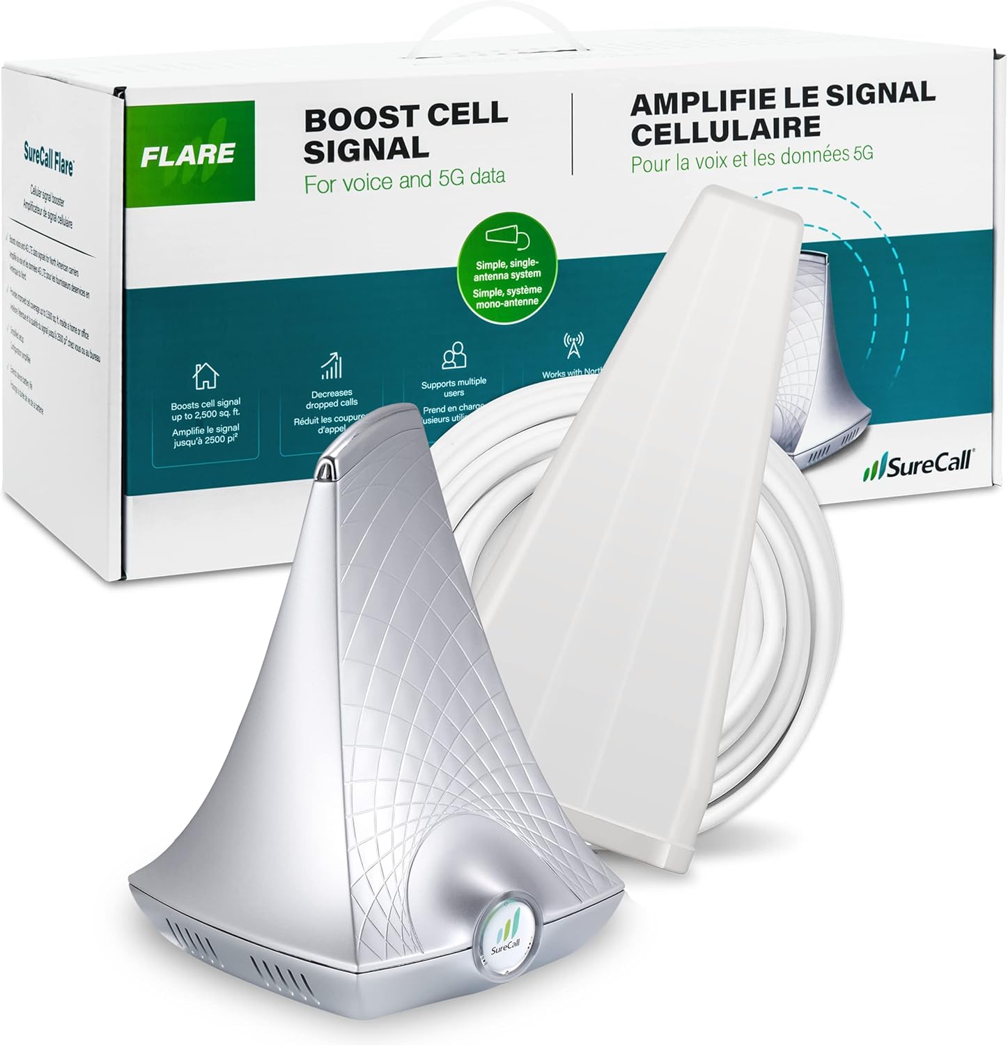 SureCall Flare 3.0 Cell Phone Signal Booster for Home & Office up to 3500 sq ft, Boosts 5G/4G LTE, Yagi Outdoor Antenna, Multi-User, Verizon AT&T Sprint T-Mobile, FCC Approved, USA Company